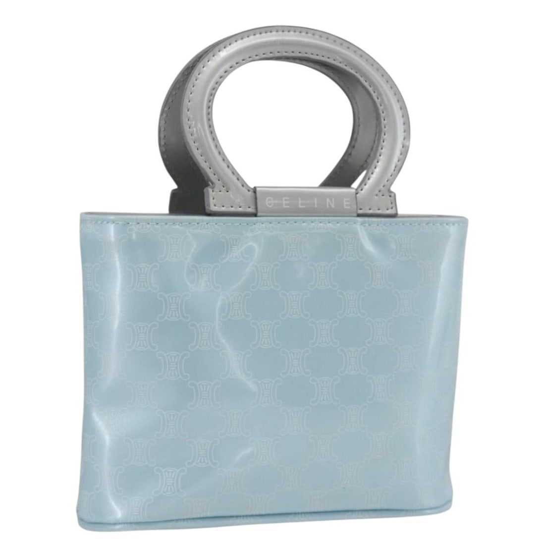 Light Blue Macadam Canvas Pouch by CELINE for Women: Light Blue Macadam Canvas Pouch by CELINE for Women This is a CELINE Macadam canvas hand pouch in light blue, designed for women. The pouch features the iconic Macadam canvas exterior and offers compa