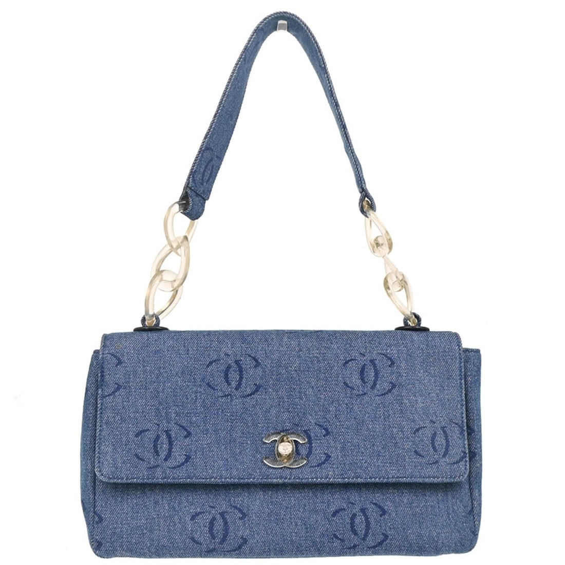 Chanel Blue Denim Top Handle Handbag with Turn Lock Closure: Chanel Blue Denim Top Handle Handbag with Turn Lock Closure This Chanel Blue Denim Handbag is an elegant medium-sized accessory that combines style and functionality. Featuring a turn lock closure, th