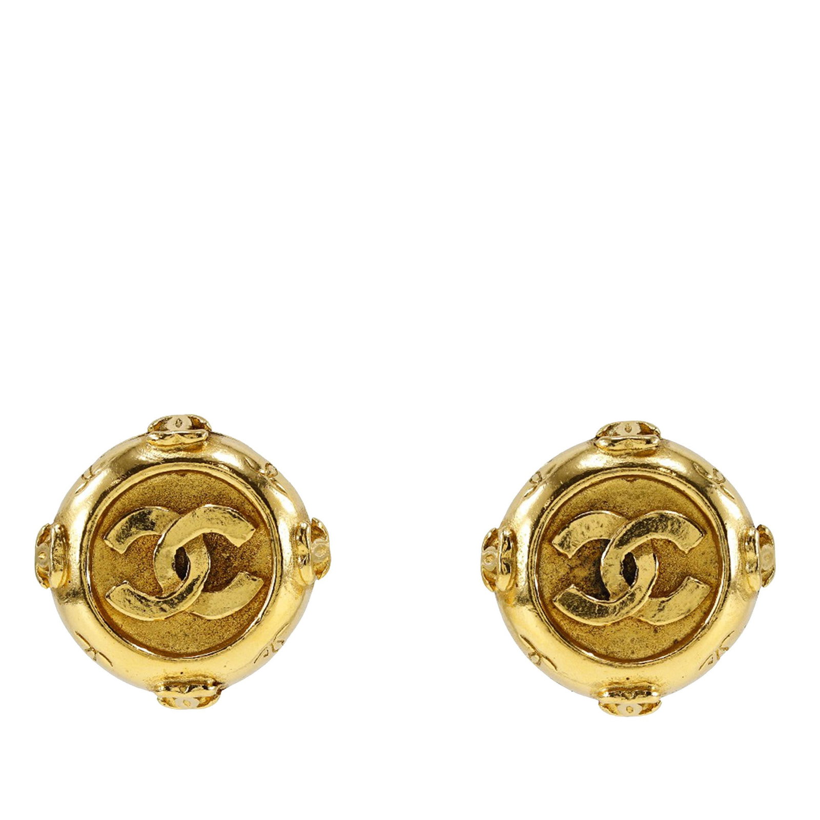 Chanel CC Logo Gold Plated Metal Clip On Round Earrings: Chanel CC Logo Gold Plated Metal Clip On Round Earrings These Chanel CC round clip-on earrings feature gold plated metal bodies with a classic costume jewelry design. The earrings have clip-on backs f