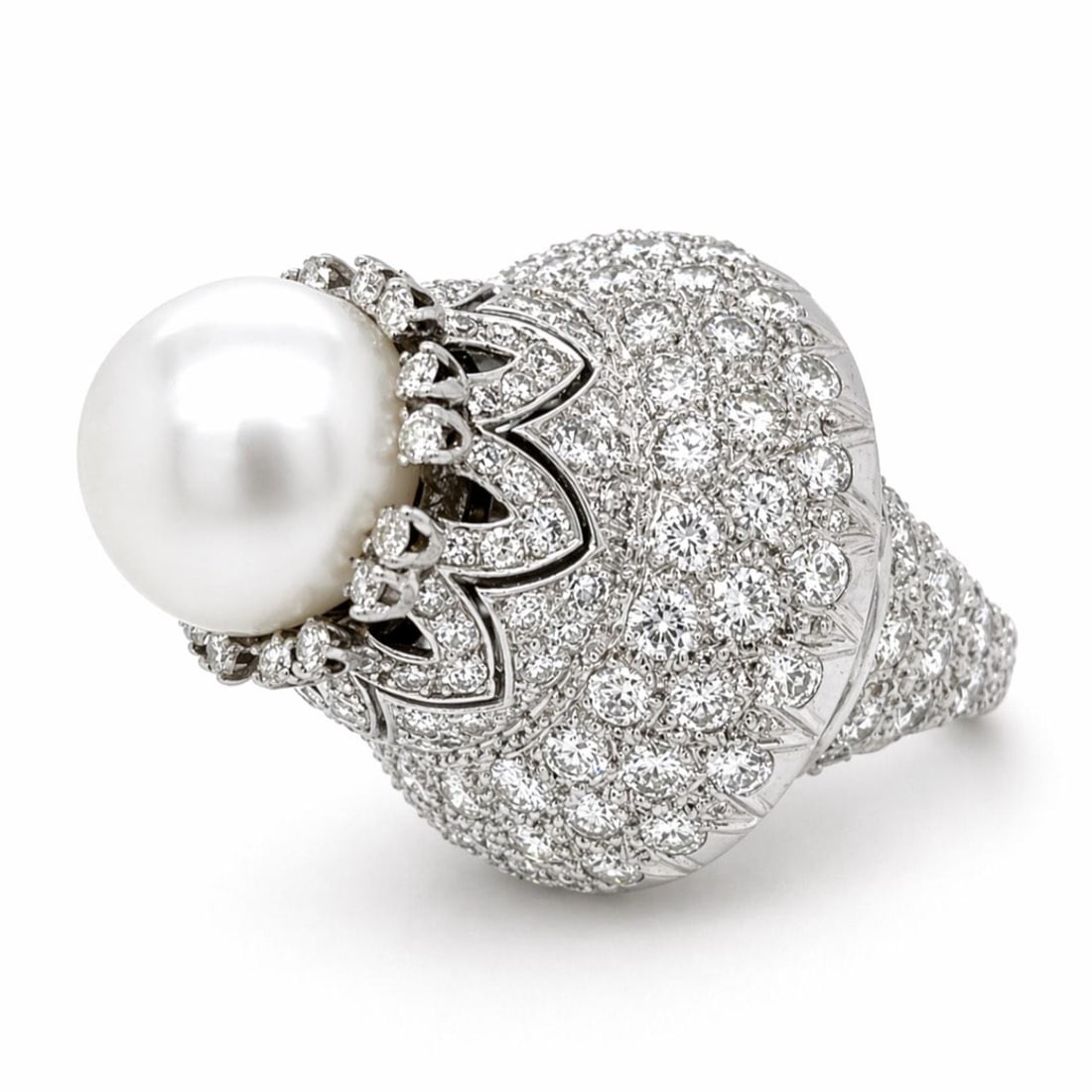 South Sea Pearl and Diamond Platinum Ring with 14.95mm Pearl: South Sea Pearl and Diamond Platinum Ring with 14.95mm Pearl This platinum cocktail ring features a 14.95mm South Sea pearl as its centerpiece, complemented by approximately 13.80 carats of European-c