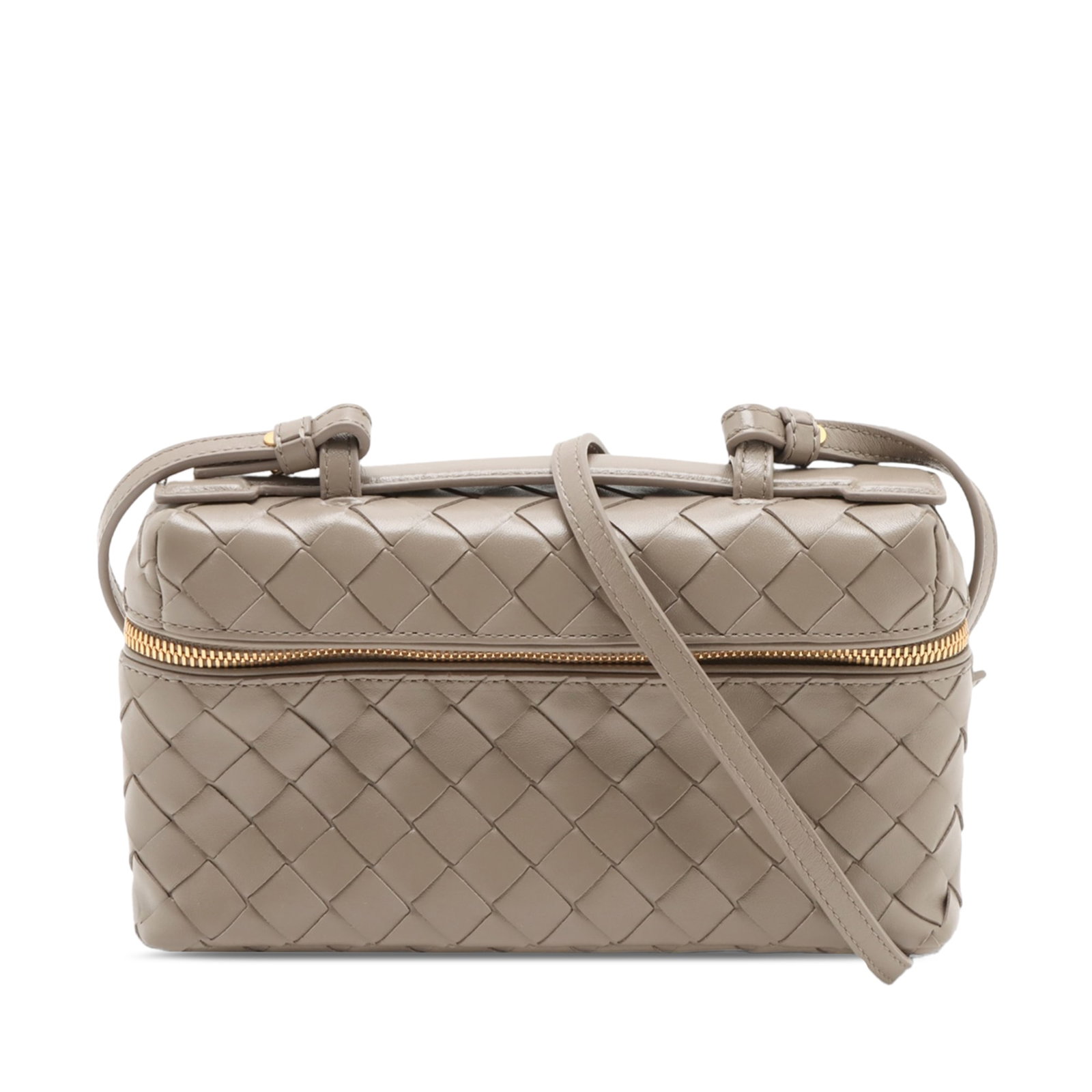 Bottega Veneta Intrecciato Beige Leather Vanity Bag: Bottega Veneta Intrecciato Beige Leather Vanity Bag This Bottega Veneta vanity case showcases the brand's signature intrecciato woven leather design in beige calfskin. It is equipped with a flat top h
