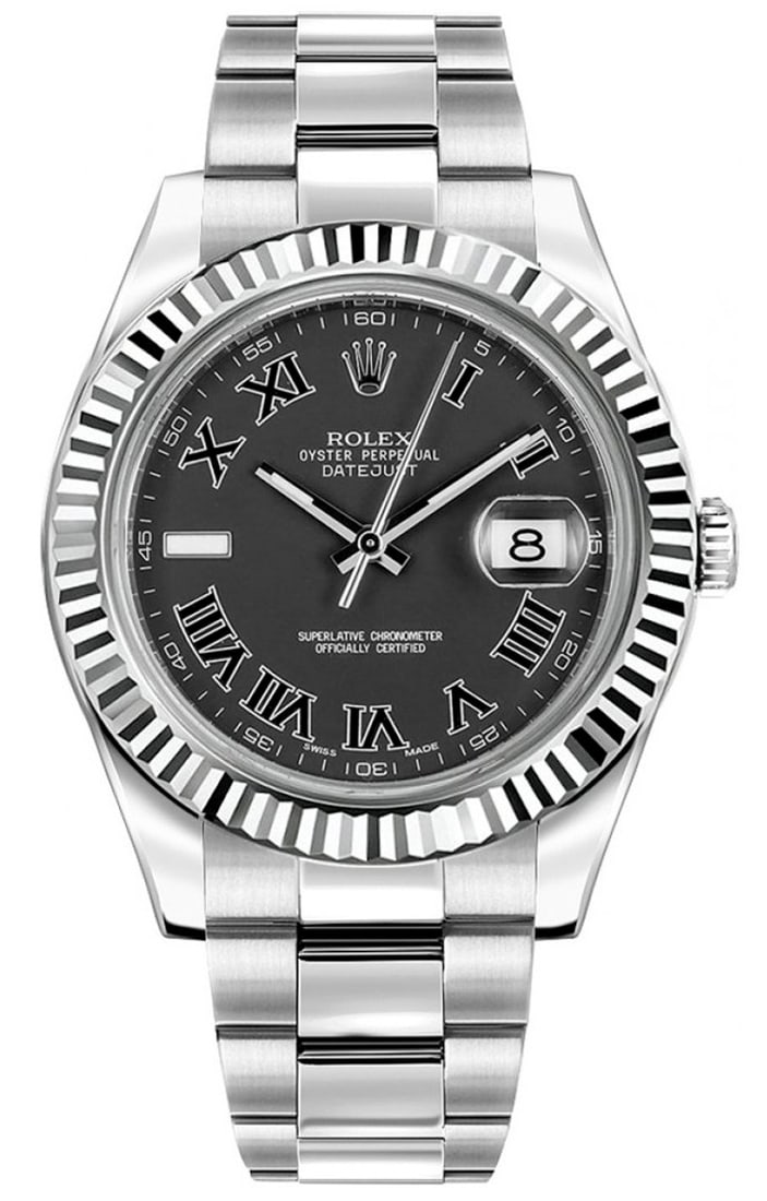 Rolex Datejust II Ref 116334 Oyster Bracelet Black Roman Dial 2012 with Card: Rolex Datejust II Ref 116334 Oyster Bracelet Black Roman Dial 2012 with Card This is a Rolex Datejust II men's wristwatch, reference 116334, featuring a black dial with Roman numerals. The watch is eq