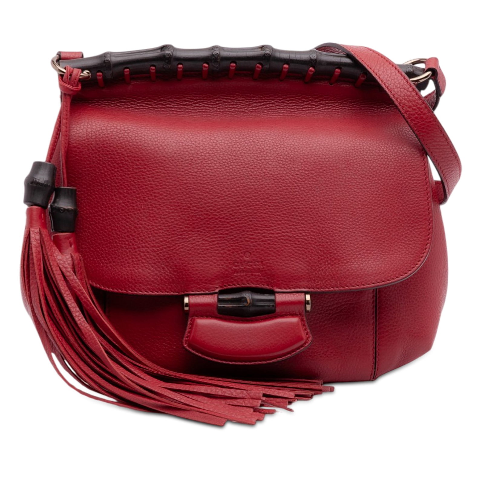 Gucci Bamboo Nouveau Fringe Red Leather Medium Crossbody Bag: Gucci Bamboo Nouveau Fringe Red Leather Medium Crossbody Bag The Gucci Medium Leather Bamboo Nouveau Fringe Crossbody showcases a red leather body with distinctive fringe detail. It features a flat le