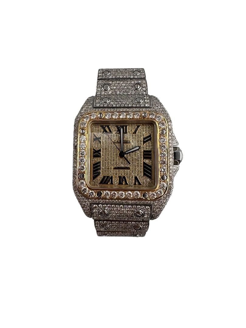 Cartier Santos 100 Ref 2656 Men's Watch Diamond Dial and Aftermarket Bracelet with Papers: Cartier Santos 100 Ref 2656 Men's Watch Diamond Dial and Aftermarket Bracelet with Papers This Cartier Santos 100 watch features an iced out Roman dial, a diamond-set bezel, and an aftermarket iced ou