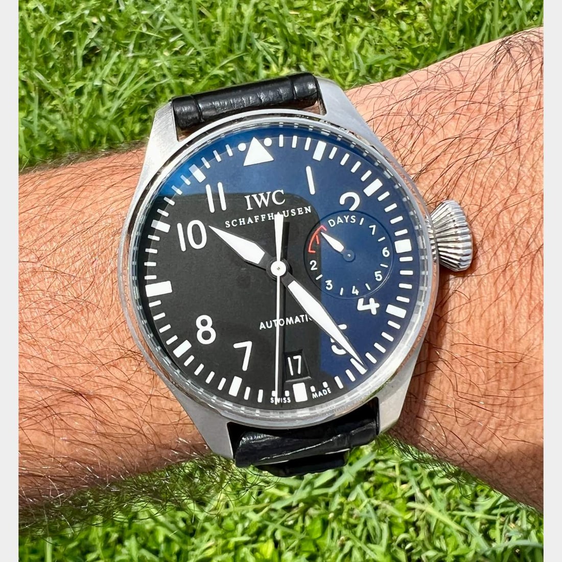 IWC Schaffhausen Big Pilot Stainless Steel Watch 46.2mm Black Dial: IWC Schaffhausen Big Pilot Stainless Steel Watch 46.2mm Black Dial The IWC Schaffhausen Big Pilot Watch is a stunning timepiece crafted with a 46.2 mm stainless steel case and a striking black dial fe