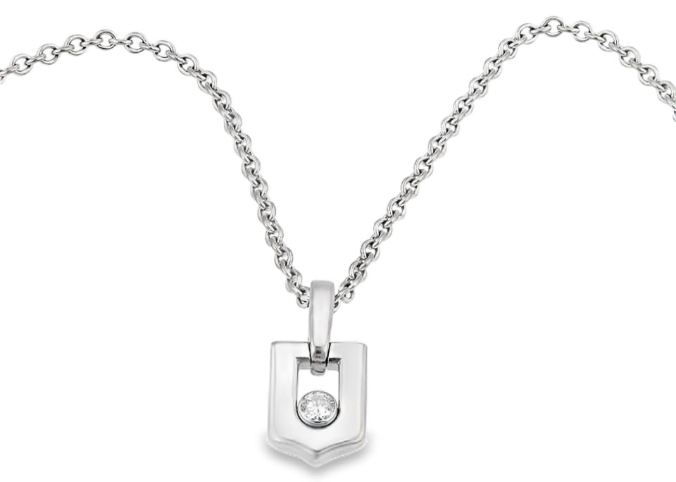 Cartier 18k White Gold Diamond Logo Pendant Necklace with Paper: Cartier 18k White Gold Diamond Logo Pendant Necklace with Paper This authentic Cartier Diamond Logo pendant necklace is crafted from 18k white gold and features a logo-inspired pendant set with natura