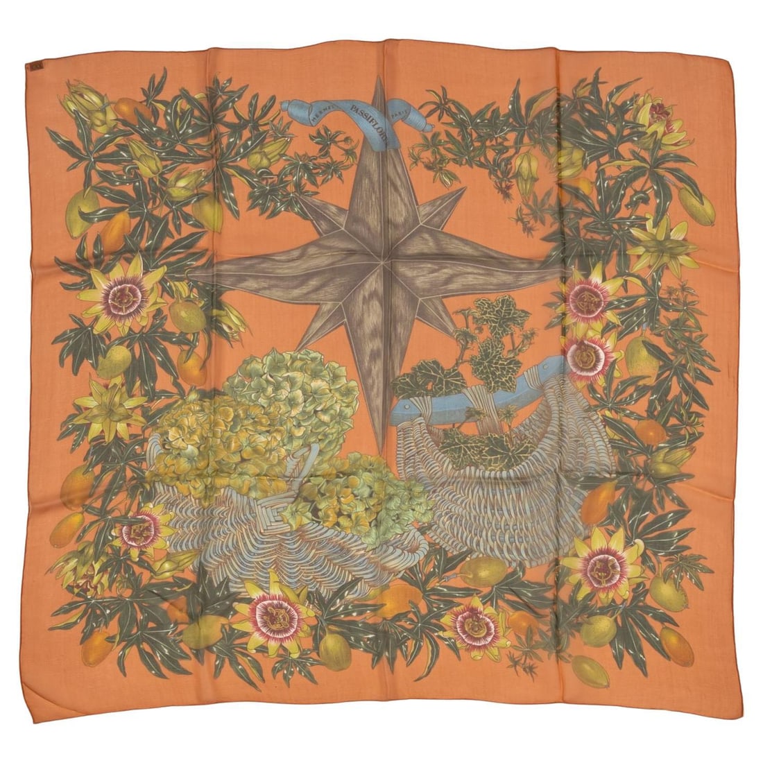 Hermes 'Passiflores' Silk Chiffon Scarf 33x36 Floral Design: Hermes 'Passiflores' Silk Chiffon Scarf 33x36 Floral Design This exquisite Hermes Silk Chiffon Scarf features the famed 'Passiflores' design, created by Valerie Dawlat-Dumoulin in 1996. Known for its 