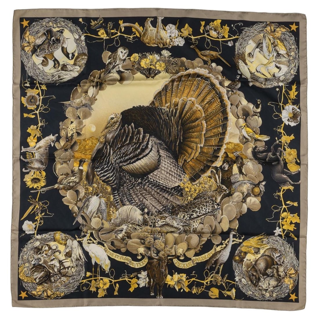 Hermes Faune et Flore du Texas Silk Scarf 35x35: Hermes Faune et Flore du Texas Silk Scarf 35x35 Celebrate the vibrant spirit of Texas with the Hermes "Faune et Flore du Texas" Scarf. This exquisite accessory, made from 100% silk, features a stunnin