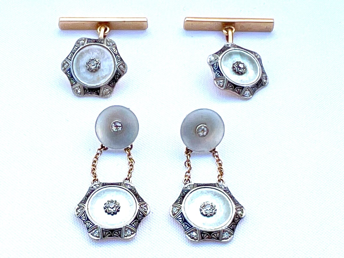Exquisite 18k Gold Diamond Mother of Pearl Earrings Cufflinks Set: Exquisite 18k Gold Diamond Mother of Pearl Earrings Cufflinks Set This exquisite set features a pair of earrings and a pair of cufflinks crafted from platinum, 14k yellow gold, diamond, and mother of 