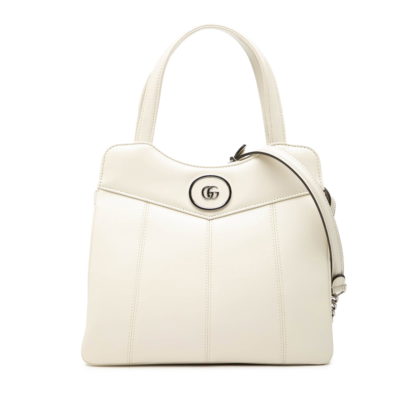 Gucci Petite GG White Leather Tote Bag with Chain Strap: Gucci Petite GG White Leather Tote Bag with Chain Strap This Gucci Small Leather Petite GG Tote features a leather body in white, flat leather handles, a detachable chain strap with a leather guard, a
