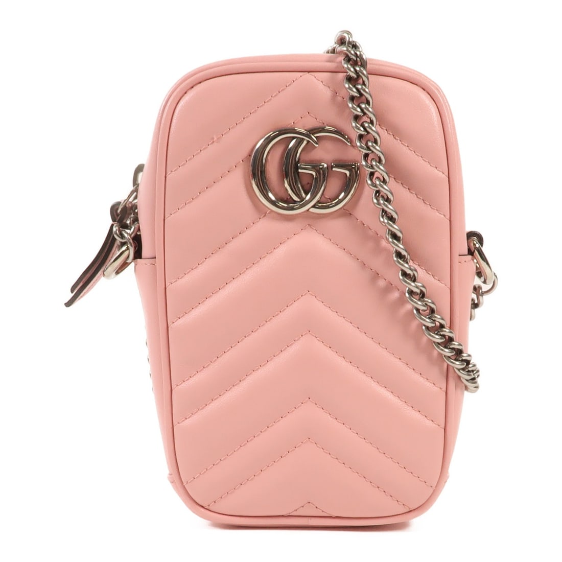 Gucci GG Marmont Pink Calfskin Shoulder Bag 598597: Gucci GG Marmont Pink Calfskin Shoulder Bag 598597 This Gucci GG Marmont shoulder bag is crafted from pink calfskin leather and features silver-tone hardware. Made in Italy, the bag offers a compact d