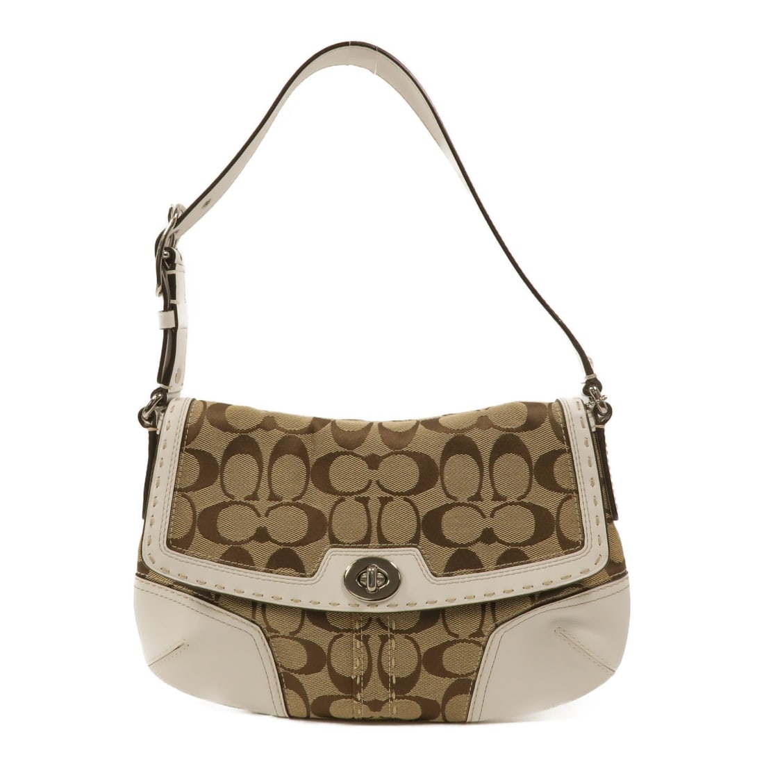Coach canvas brown white women handbag: Coach canvas brown white women handbag This Coach handbag features a stylish combination of brown and white canvas with a silver hardware finish. Designed for women, it offers a compact profile with a