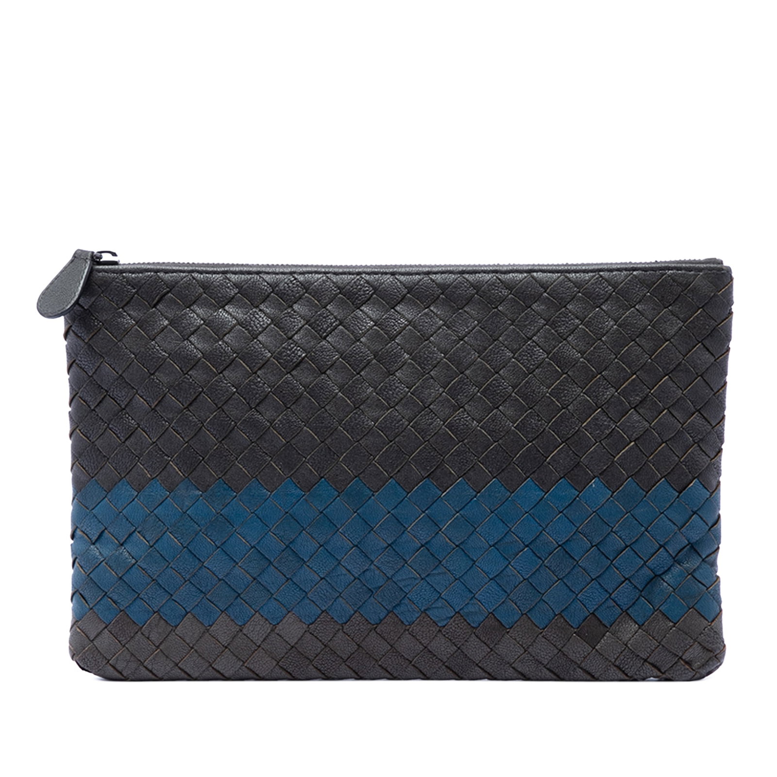 Bottega Veneta Black Woven Leather Zip Clutch: Bottega Veneta Black Woven Leather Zip Clutch This Bottega Veneta Tricolor Nappa Intrecciato Clutch features the brand's signature woven leather design and a top zip closure. The bag is crafted from l