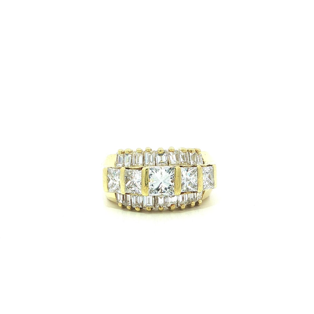Yellow Gold Vintage Diamond Wide Band Ring 2.76ctw Size 5: Yellow Gold Vintage Diamond Wide Band Ring 2.76ctw Size 5 This vintage wide band ring is crafted from solid 17-18k yellow gold and features a total of 2.76 carats of natural diamonds. The ring showcas