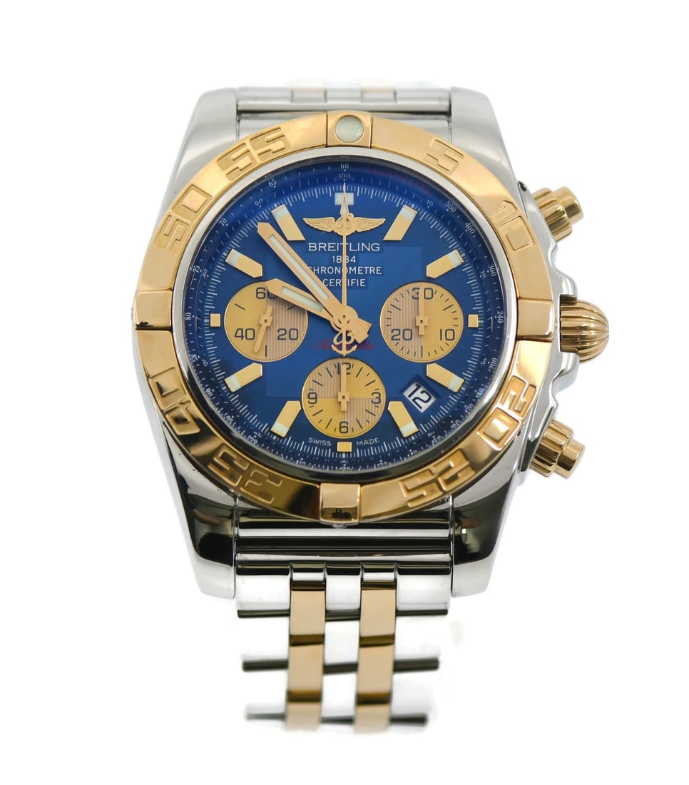 Breitling Chronomat 44 Blue Dial Automatic Chronograph CB0110: Breitling Chronomat 44 Blue Dial Automatic Chronograph CB0110 This Breitling Chronomat 44 wristwatch features a 44mm polished stainless steel case with 18K gold accents. It is equipped with a unidirec