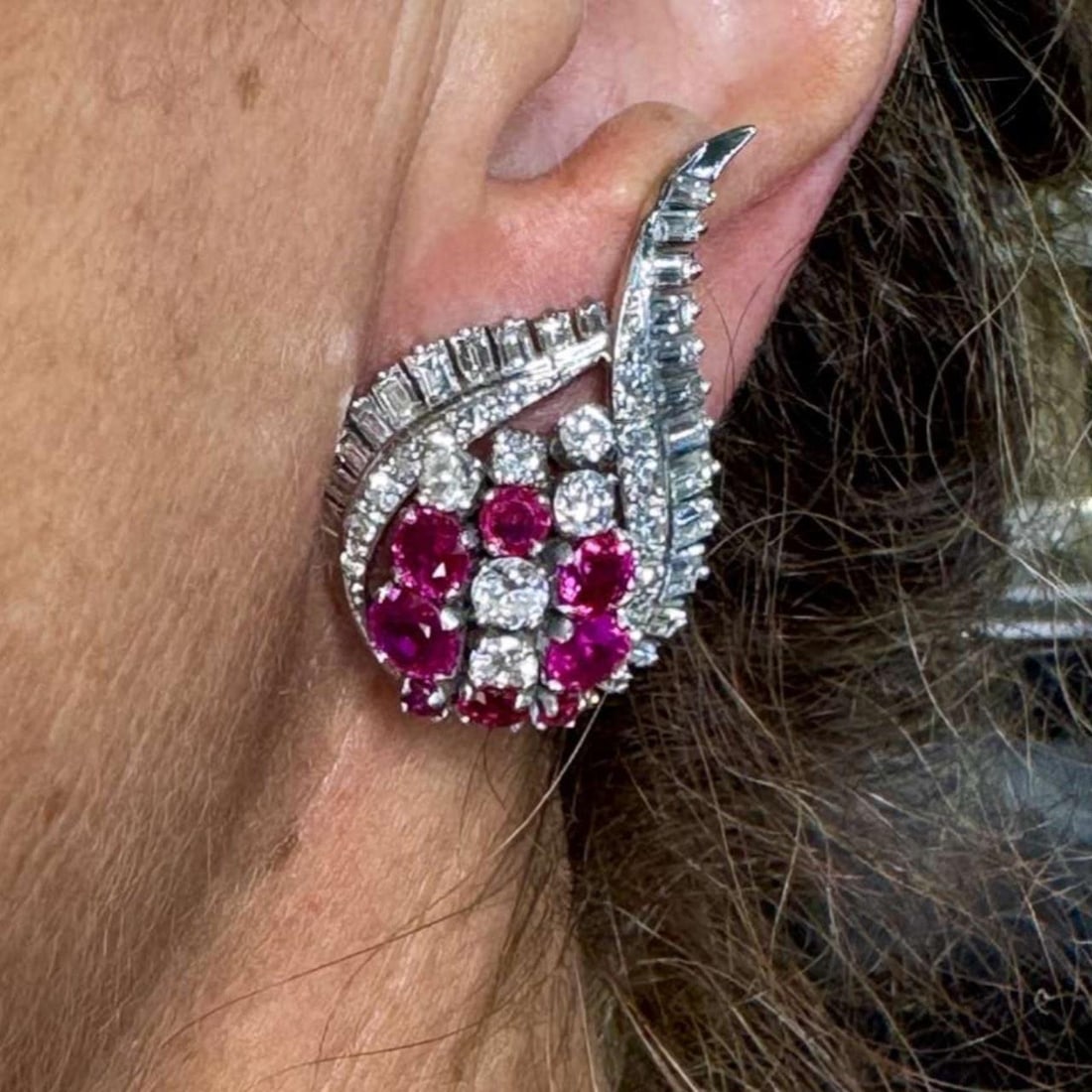 Platinum Art Deco Earrings with Burma No-heat Rubies and Diamonds: Platinum Art Deco Earrings with Burma No-heat Rubies and Diamonds These Art Deco earrings are crafted in platinum and showcase 16 Burma no-heat rubies with an approximate total weight of 6.00 carats. 
