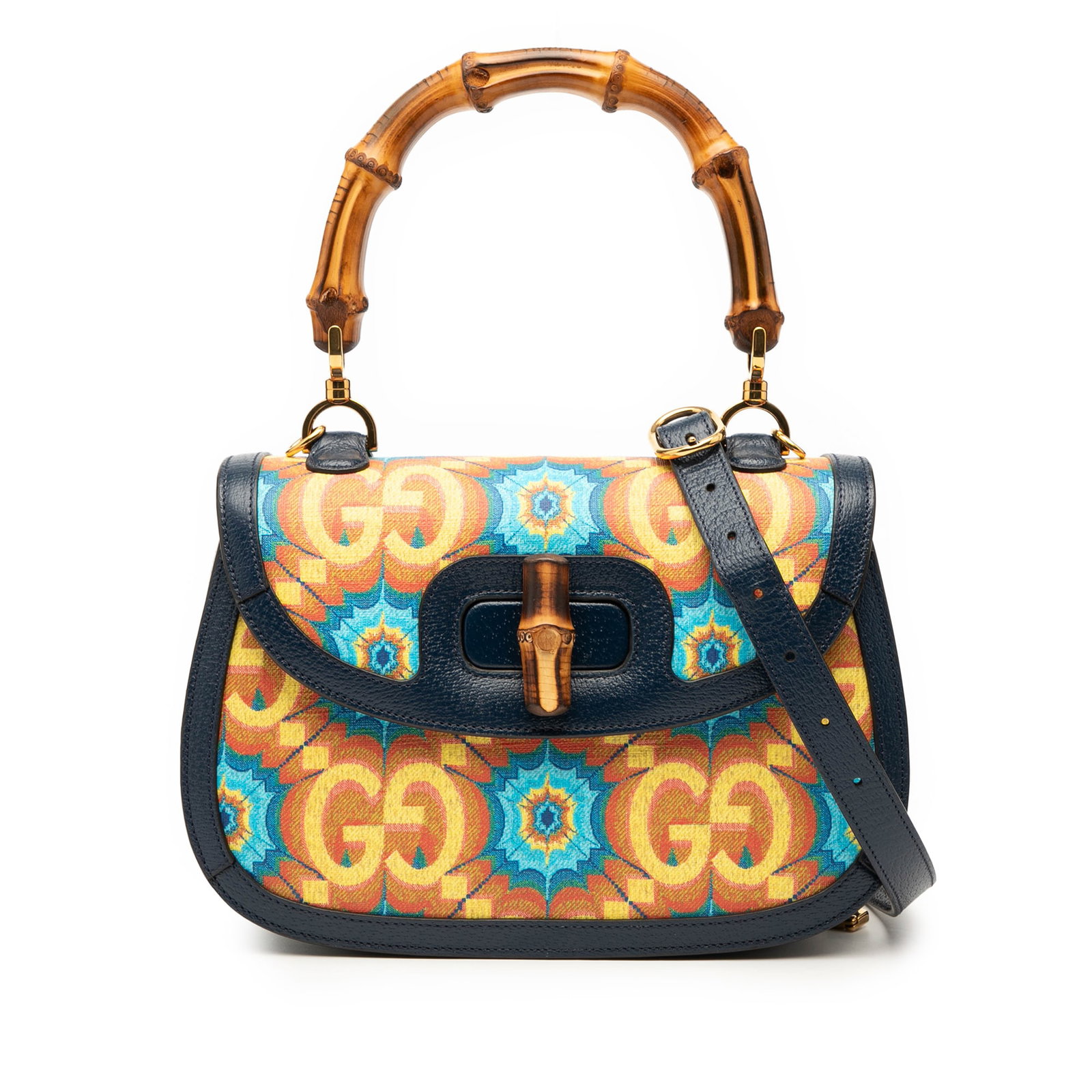 Gucci 100th Anniversary Kaleidoscope Bamboo Handle Bag: Gucci 100th Anniversary Kaleidoscope Bamboo Handle Bag Introducing the Gucci 100th Anniversary Medium GG Coated Canvas Kaleidoscope 1947 Bamboo Top Handle Bag, a stunning blend of luxury and functiona