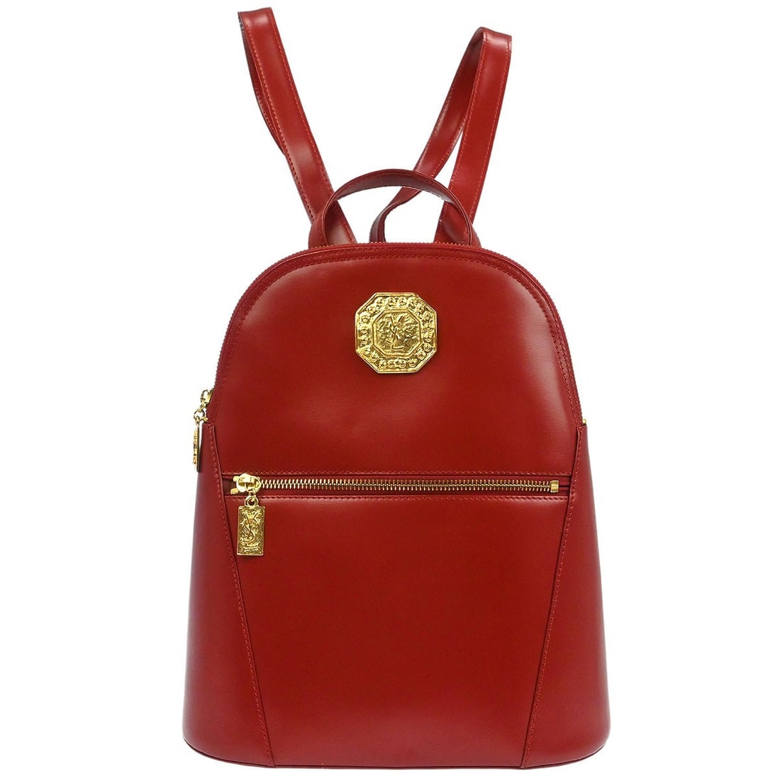 Saint Laurent red leather women backpack with inner pockets: Saint Laurent red leather women backpack with inner pockets This Yves Saint Laurent red leather backpack is designed for casual use and features the brand's iconic logo accent. The medium-sized bag of