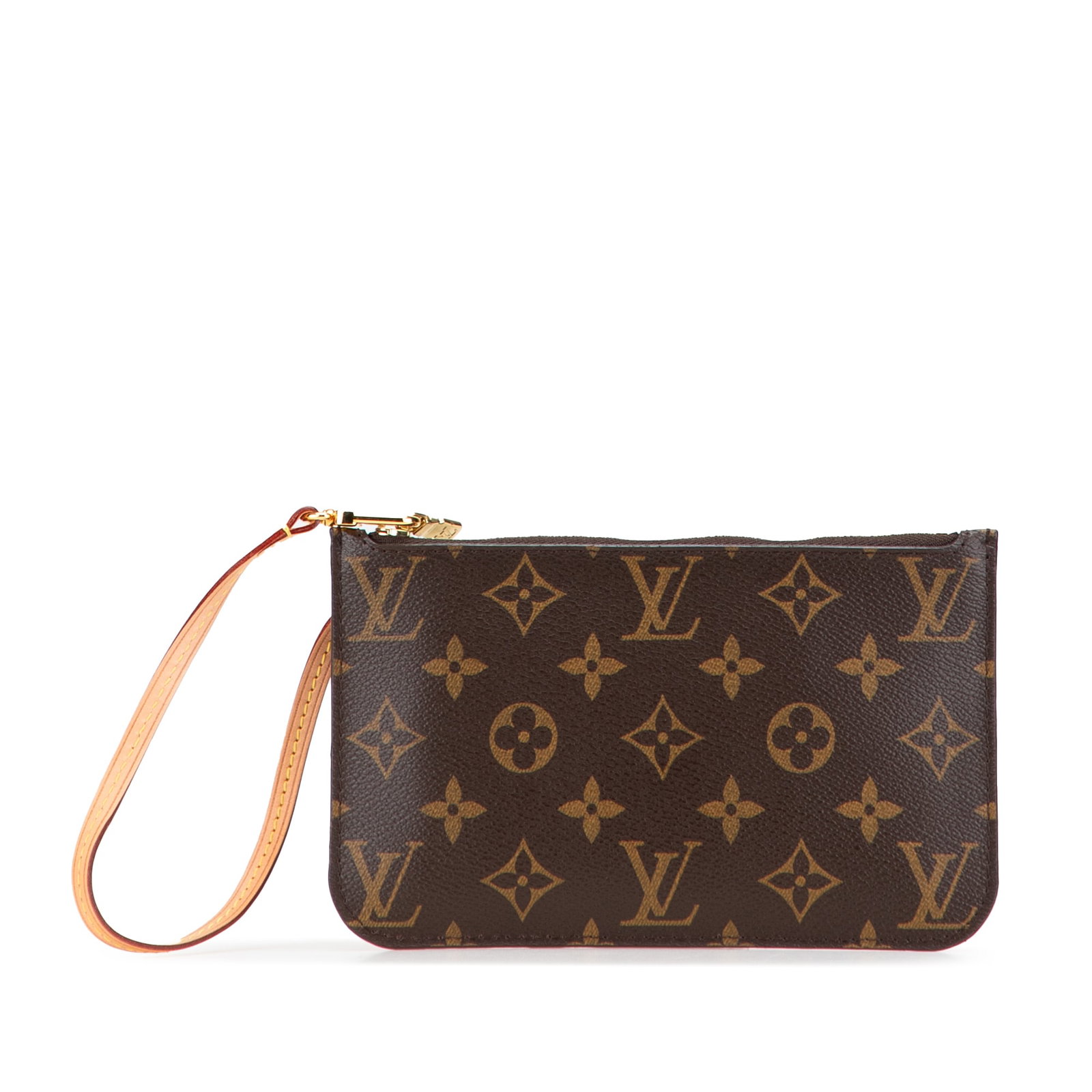 Louis Vuitton Monogram Neverfull Pouch with Wrist Strap: Louis Vuitton Monogram Neverfull Pouch with Wrist Strap The Louis Vuitton Monogram Neverfull Pouch is a stylish accessory crafted from durable monogram canvas. This pouch features a flat vachetta leat