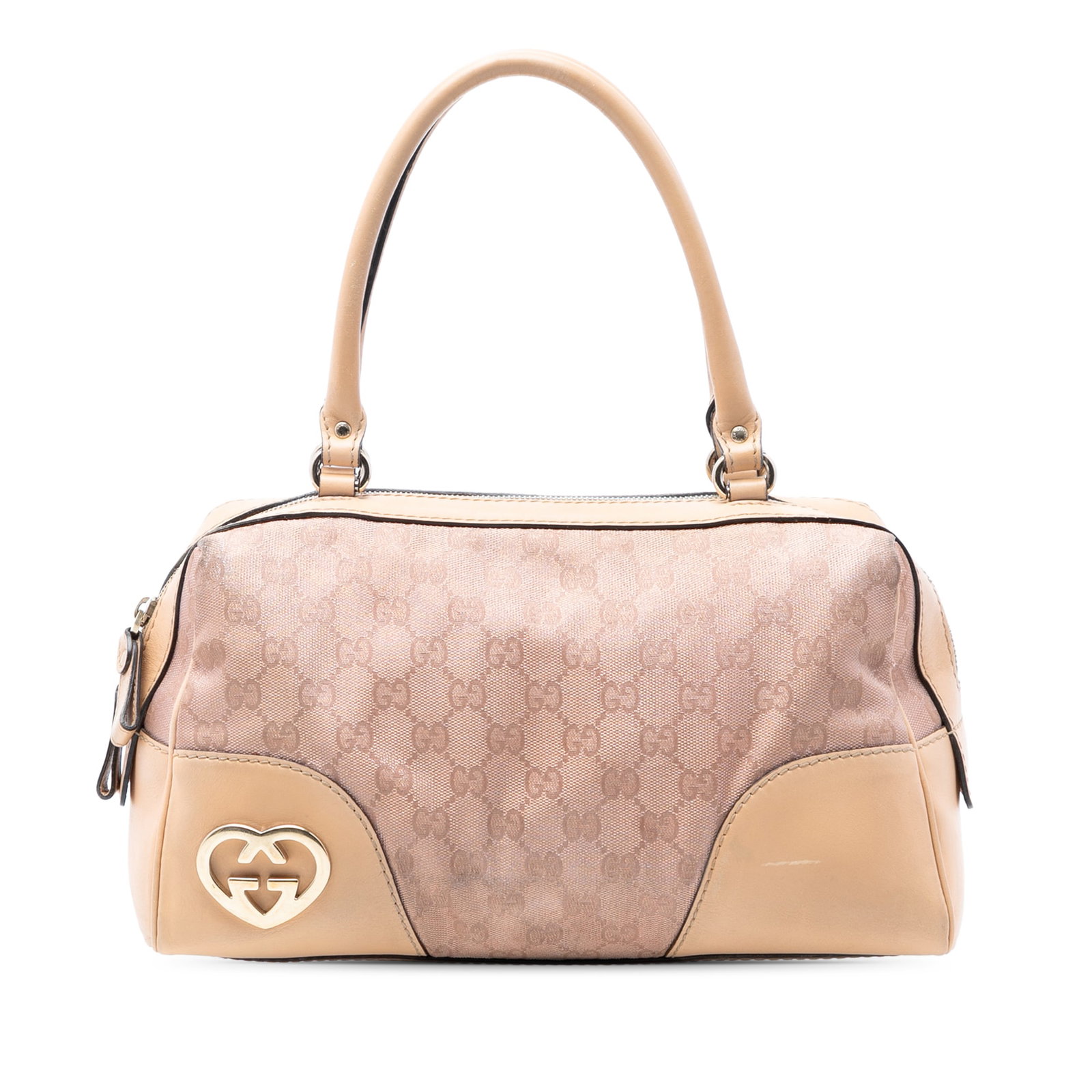 Gucci GG Canvas Lovely Pink Fabric Handbag: Gucci GG Canvas Lovely Pink Fabric Handbag This Gucci GG Canvas Lovely Handbag is crafted in Italy and features a pink canvas body with leather trim, rolled leather handles, and a top zip closure. The