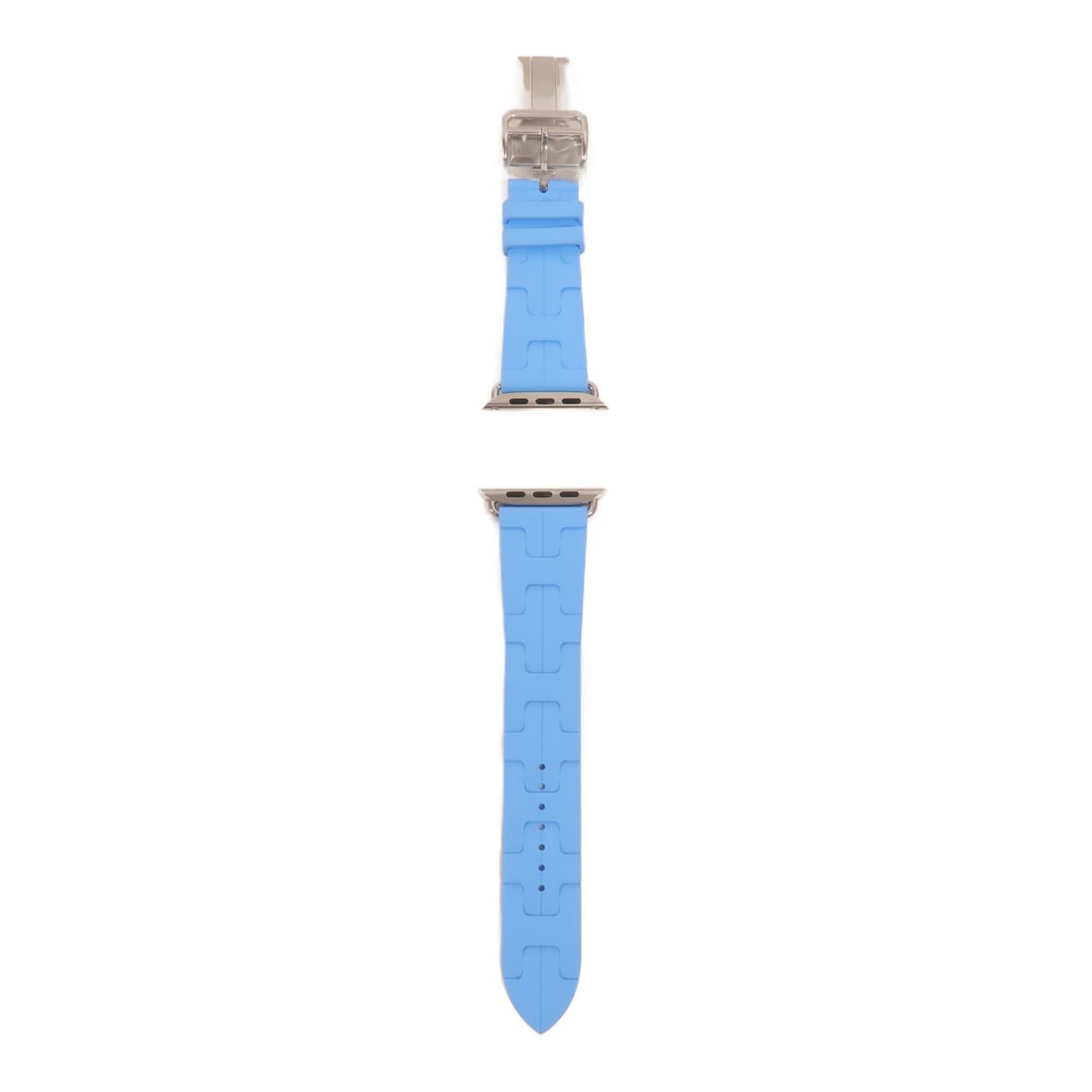 Hermes Blue Rubber Apple Watch Strap with Deployment Buckle: Hermes Blue Rubber Apple Watch Strap with Deployment Buckle This Hermes watch strap is crafted from blue rubber and is designed for use with Apple Watch deployment buckles. Measuring 42 cm in length, 