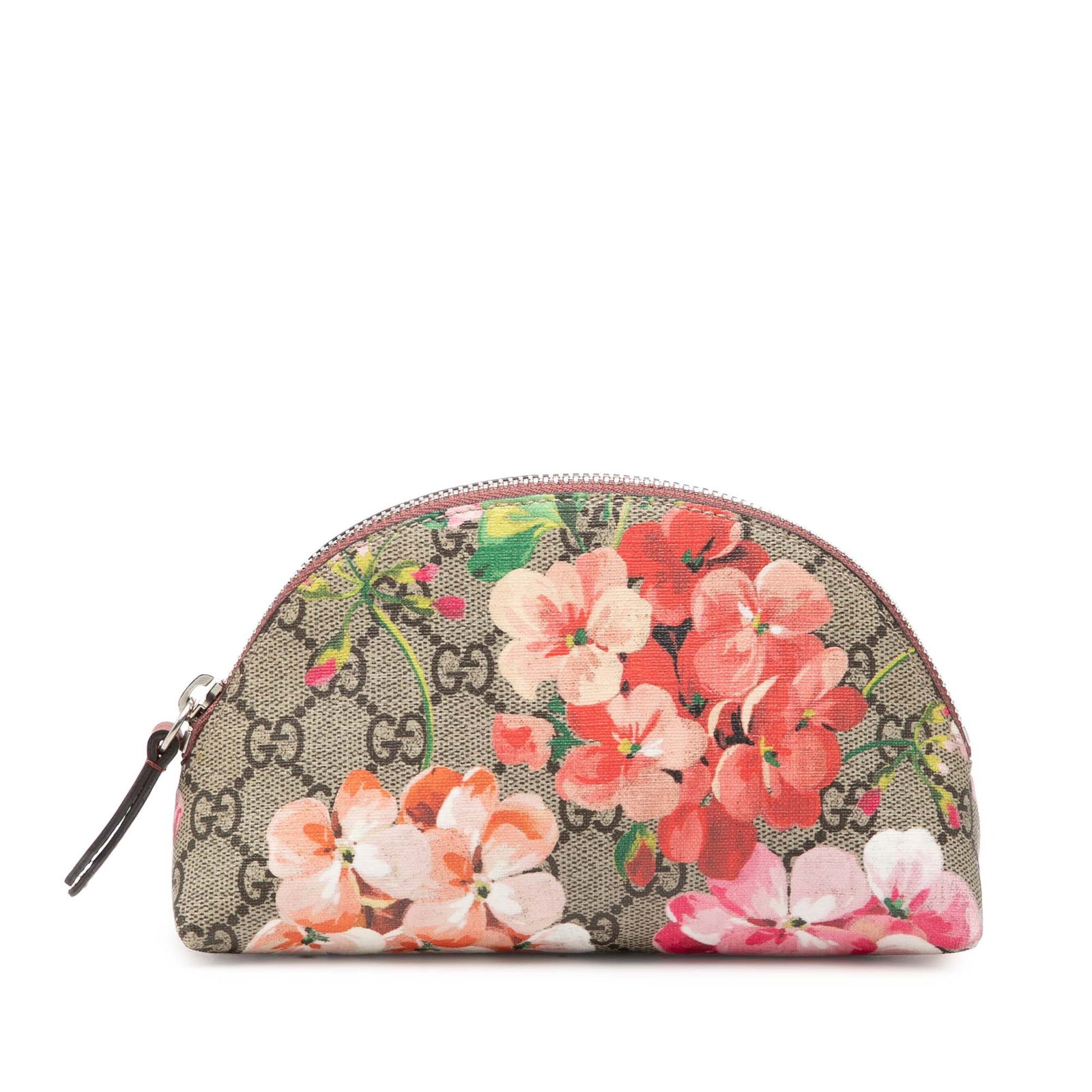 Gucci Blooms GG Supreme zip cosmetic pouch: Gucci Blooms GG Supreme zip cosmetic pouch This Gucci GG Supreme Blooms Cosmetic Pouch features a coated canvas body with a top zip closure. The pouch is crafted in Italy and showcases the signature b
