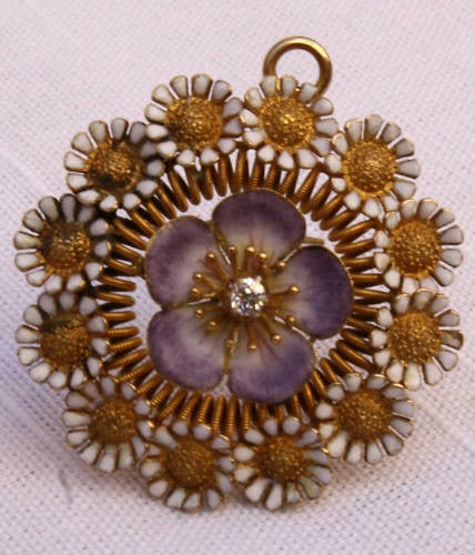 19th Century English 18K Gold Diamond Enamel Brooch Necklace: 19th Century English 18K Gold Diamond Enamel Brooch Necklace Discover a stunning late 19th-century English brooch that transcends time with its exquisite craftsmanship. This remarkable piece, crafted 