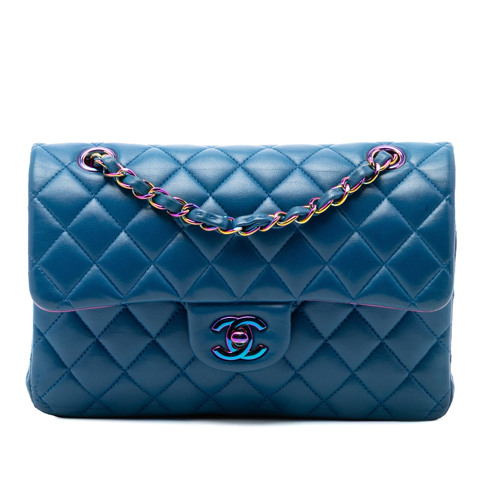 Chanel Blue Lambskin Classic Flap Bag Rainbow Hardware: Chanel Blue Lambskin Classic Flap Bag Rainbow Hardware This Chanel Small Classic Double Flap bag is crafted from quilted lambskin leather in blue and features distinctive rainbow hardware. The bag is 