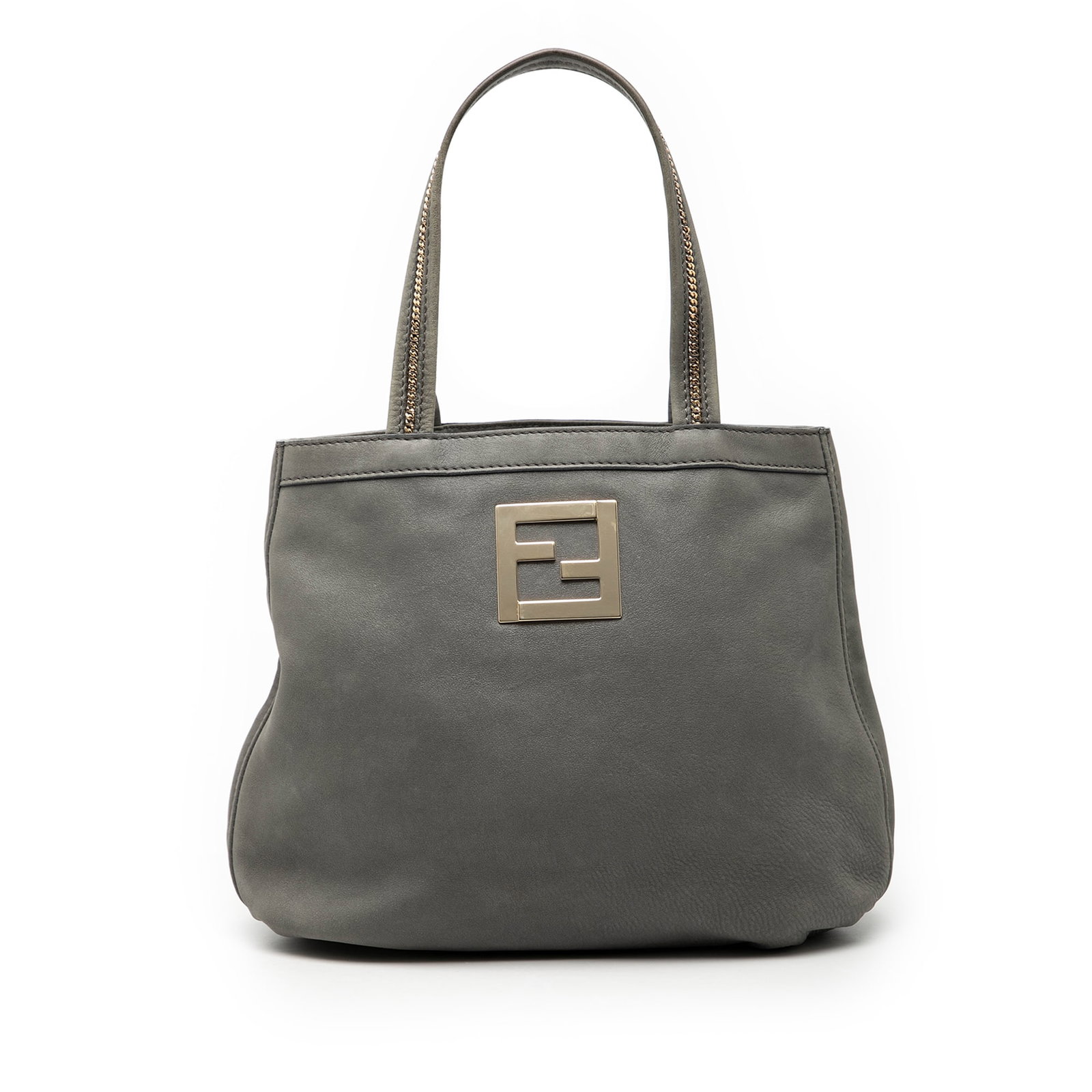 Fendi FF Chains Gray Nubuck Leather Tote Bag with Chain Handles: Fendi FF Chains Gray Nubuck Leather Tote Bag with Chain Handles This Fendi Nubuck FF Chains Tote features a gray nubuck leather exterior with flat leather handles accented by chain details. The bag ha