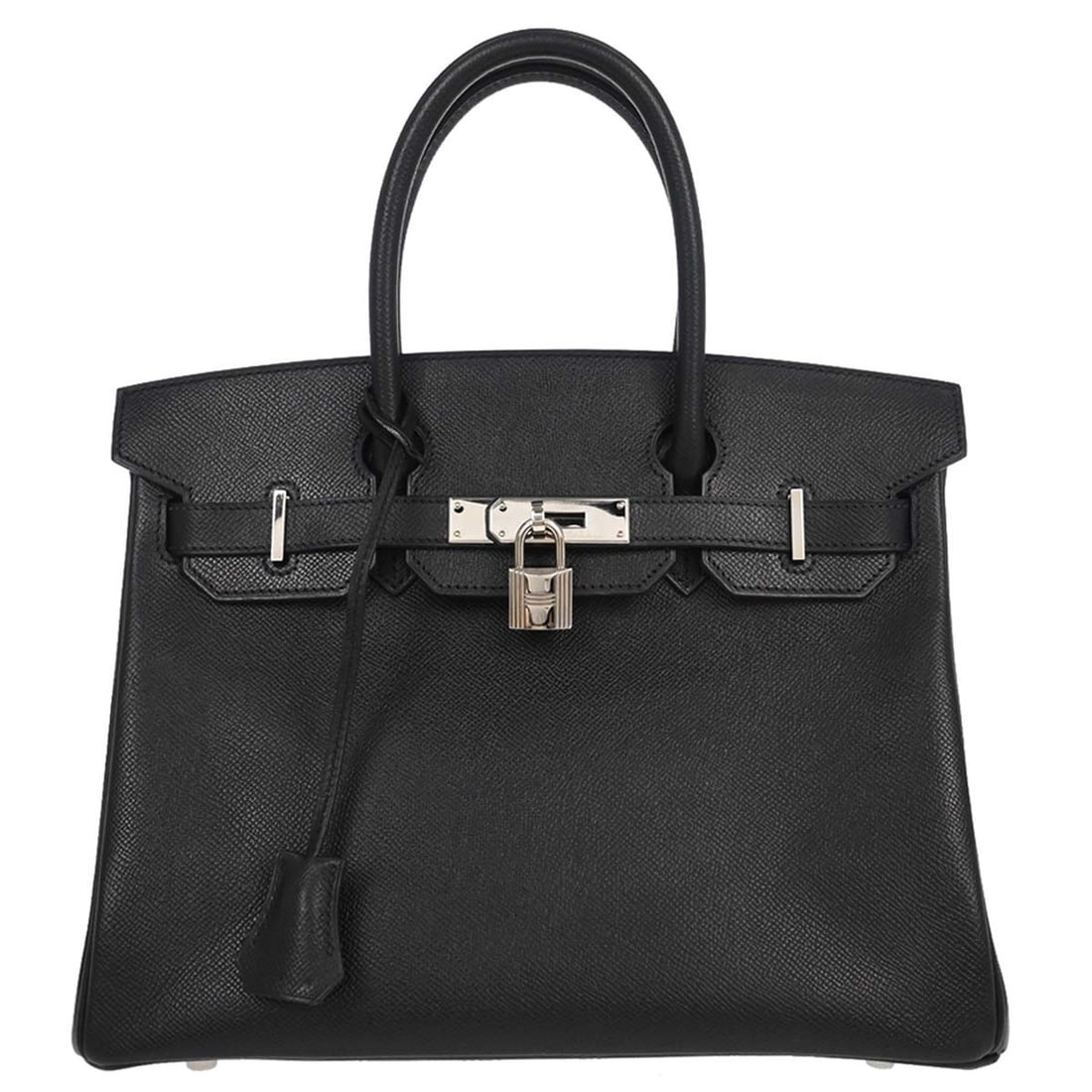 Hermes Birkin 30 Black Epsom Leather Handbag: Hermes Birkin 30 Black Epsom Leather Handbag This Hermes Birkin 30 handbag features a black Epsom leather exterior with a medium size and a structured silhouette. It is designed with double handles, a