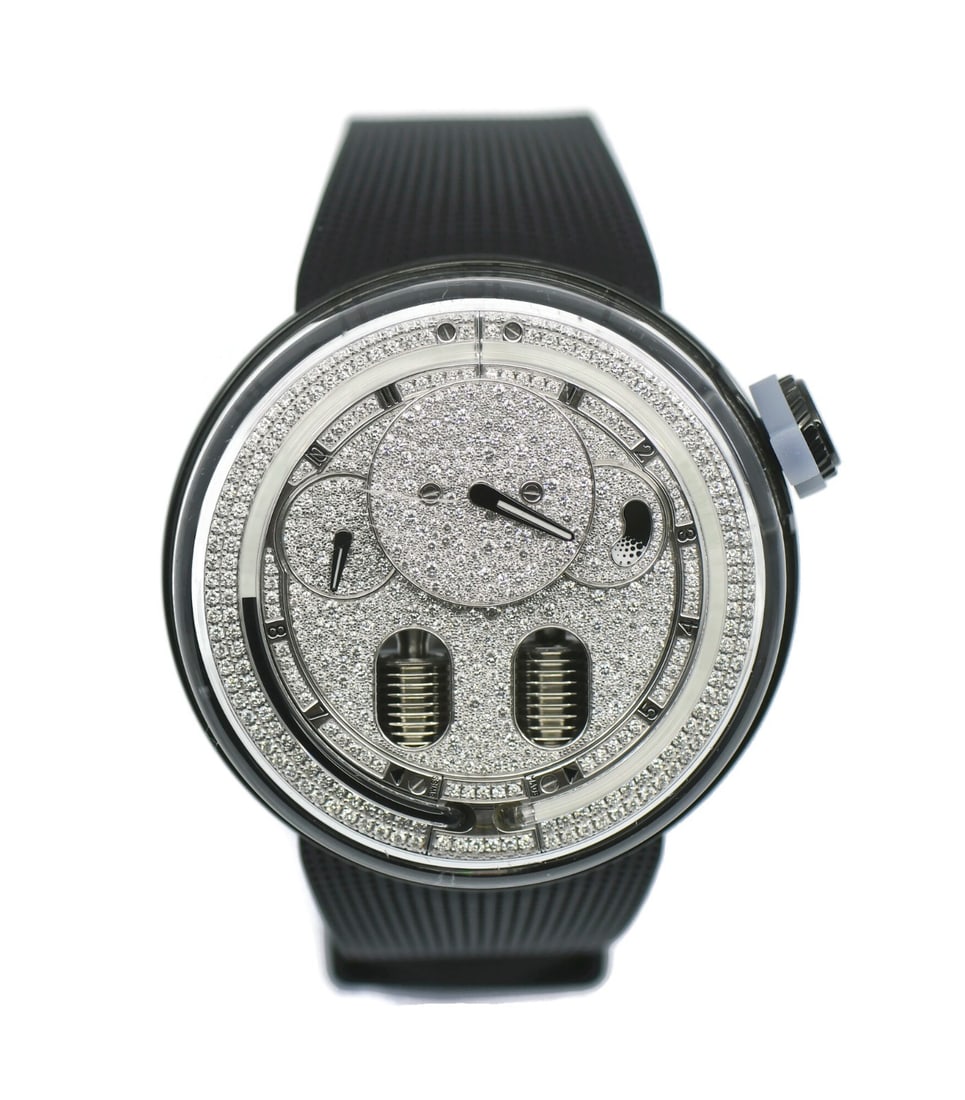 HYT H10 Diamond Accented Black Steel 49mm Mechanical Men's Wristwatch: HYT H10 Diamond Accented Black Steel 49mm Mechanical Men's Wristwatch The HYT H10 Diamond Black Stainless Steel Watch features a mechanical manual movement and is crafted for men. This pre-owned timep