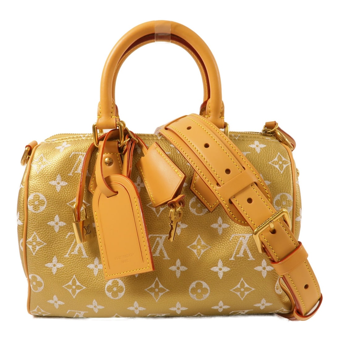Louis Vuitton Speedy P9 Bandouliere 25 Calfskin Gold Tone Bag: Louis Vuitton Speedy P9 Bandouliere 25 Calfskin Gold Tone Bag This Louis Vuitton Speedy P9 Bandouliere 25 is a versatile 2-way shoulder bag crafted from luxurious gold calfskin leather. Featuring gold