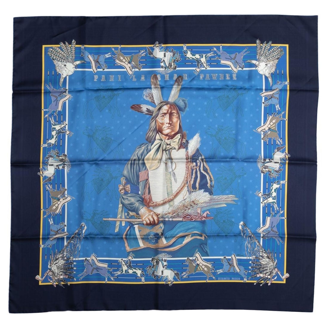Hermes Limited Edition Pawnee Bandana Scarf by Kermit Oliver: Hermes Limited Edition Pawnee Bandana Scarf by Kermit Oliver Elevate your accessory collection with this exquisite Hermes limited edition Pawnee bandana scarf. Crafted from luxurious silk twill, this 