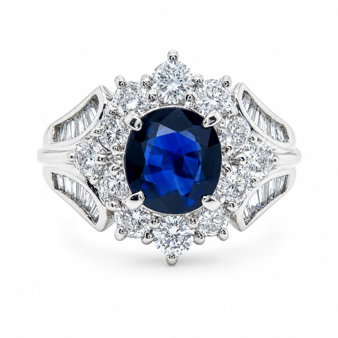 Platinum Ring with Sapphire and Diamond Accents Size 6.25: Platinum Ring with Sapphire and Diamond Accents Size 6.25 This elegant ring features a 1.29 carat sapphire set in platinum, complemented by 1.06 carats of diamonds with F-G color and SI1-I1 clarity. T