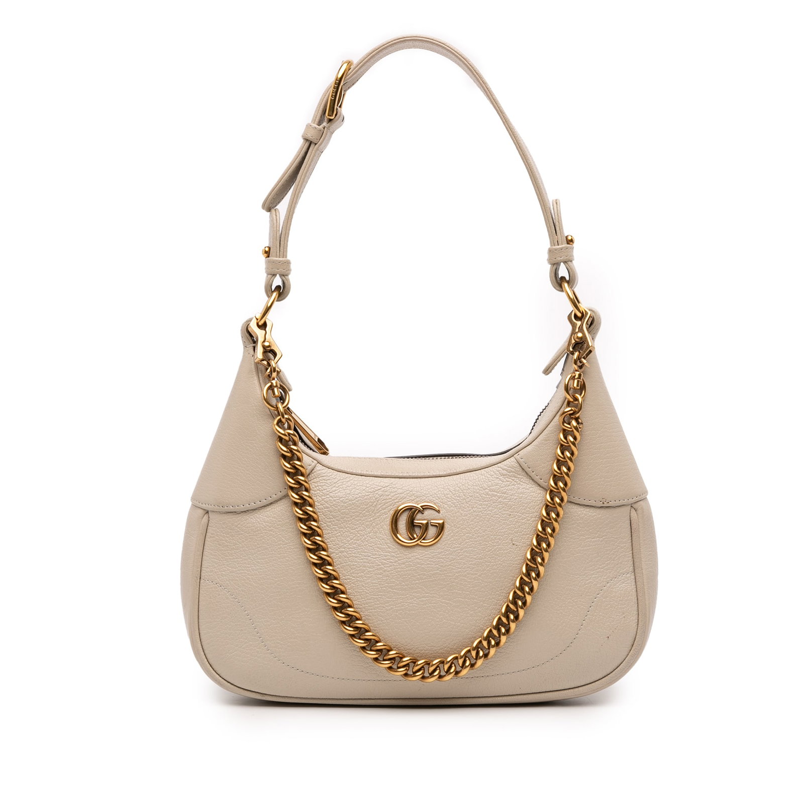 Gucci Aphrodite Small White Leather Satchel with Chain Strap: Gucci Aphrodite Small White Leather Satchel with Chain Strap This Gucci Small Calfskin Aphrodite Satchel features a white leather body with a flat leather shoulder strap and a detachable chain link st