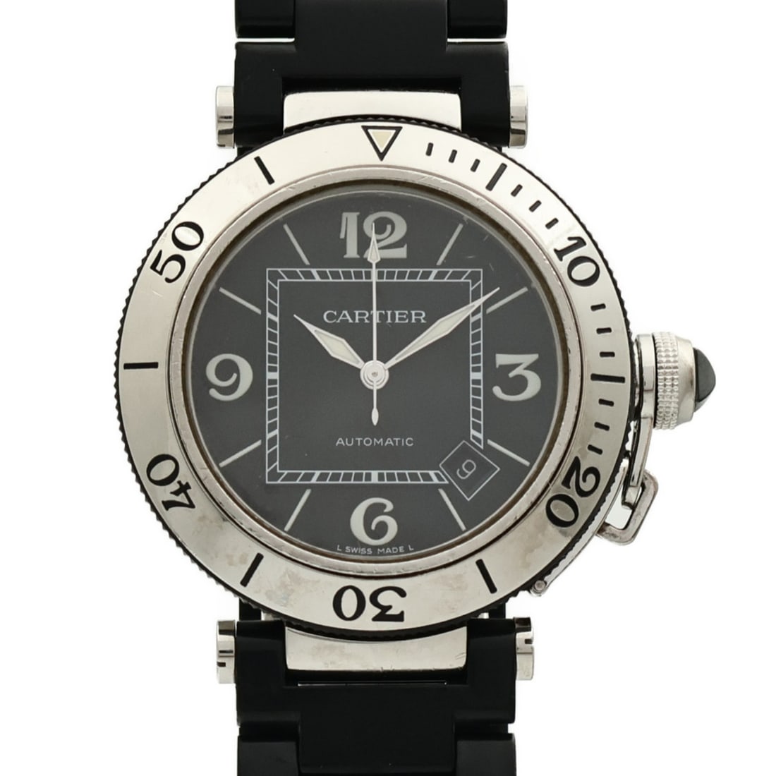 Cartier Pasha Seatimer Automatic Stainless Steel Black Dial Wristwatch: Cartier Pasha Seatimer Automatic Stainless Steel Black Dial Wristwatch This Cartier Pasha Seatimer W31077U2 is an automatic wristwatch crafted from stainless steel with a black dial and matching black