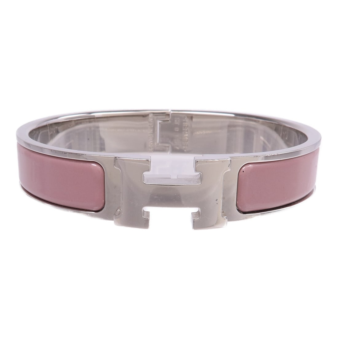 Hermes Pink Clic H Enamel and Metal Bangle Bracelet for Women: Hermes Pink Clic H Enamel and Metal Bangle Bracelet for Women This Hermes Clic H bangle features a pink enamel exterior with silver-tone metal accents. Designed for women, it showcases a classic bangl