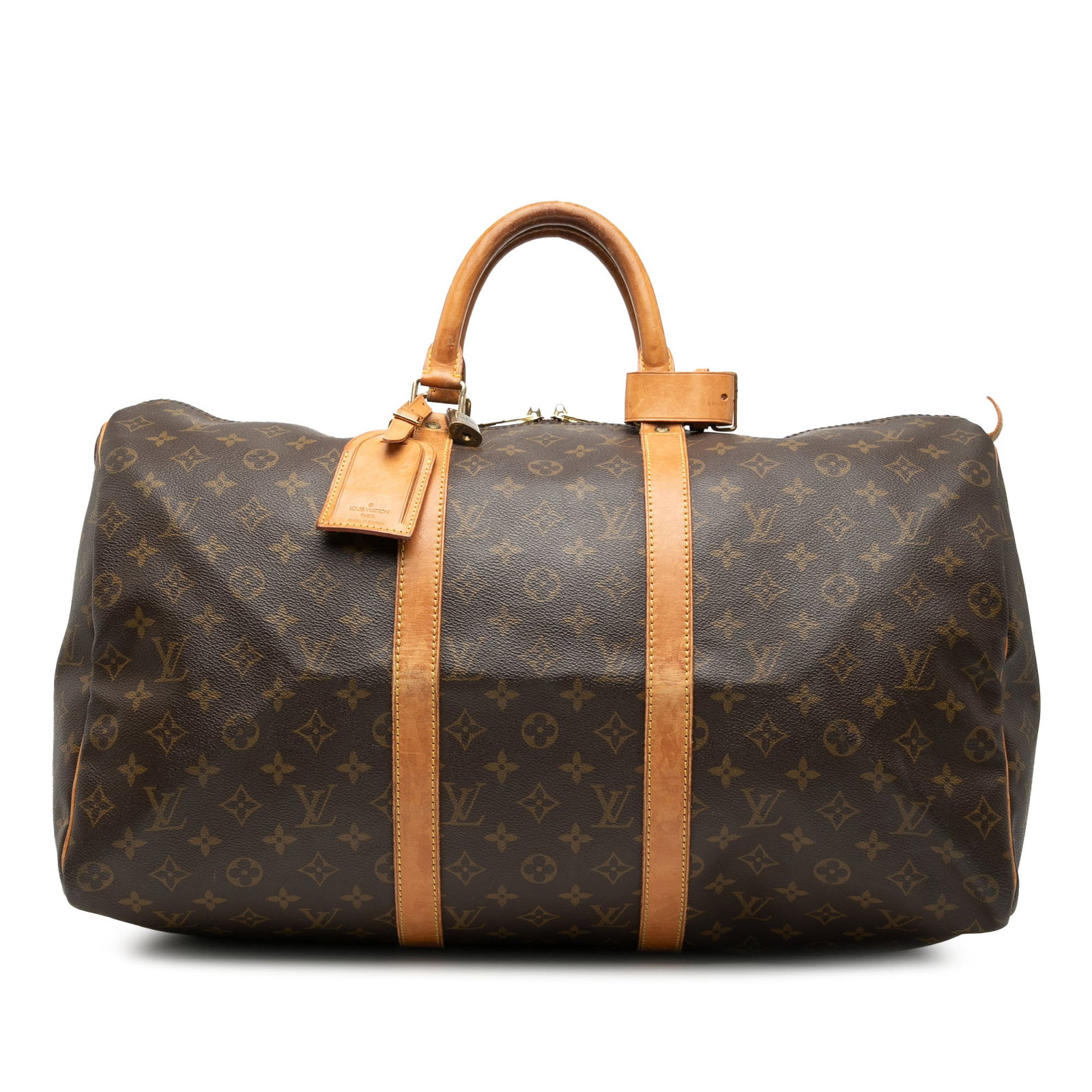Louis Vuitton Keepall 50 Travel Bag Monogram Canvas Brown France: Louis Vuitton Keepall 50 Travel Bag Monogram Canvas Brown France The Louis Vuitton Monogram Keepall 50 features a classic monogram canvas body with rolled leather handles and a top zip closure. This b
