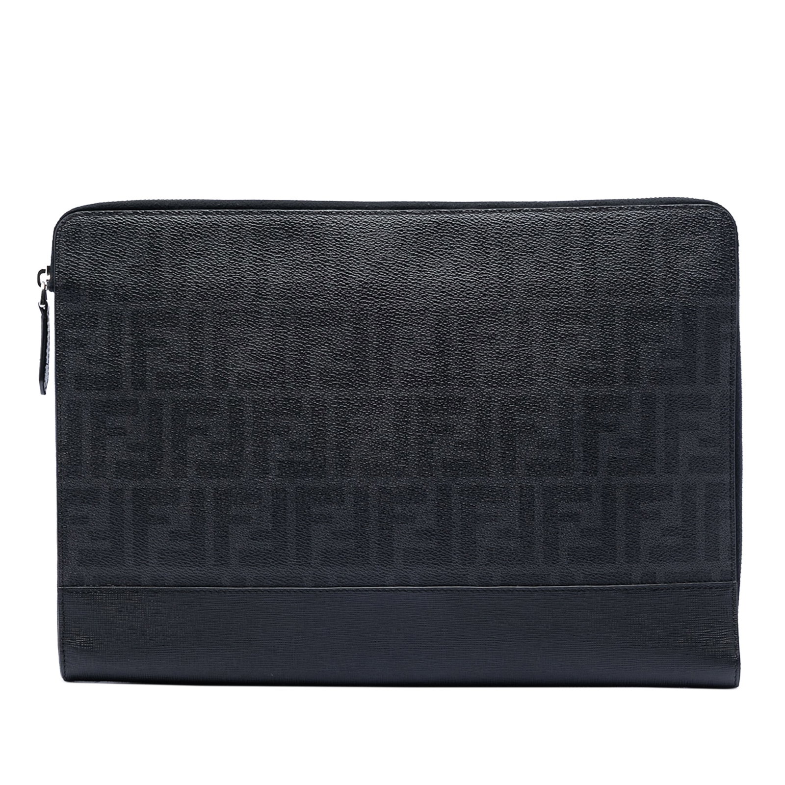 Fendi Zucca Pattern Canvas Clutch with Leather Accents: Fendi Zucca Pattern Canvas Clutch with Leather Accents This Fendi clutch bag features the brand's signature Zucca coated canvas with leather trim. It is designed with a top zip closure and interior sl