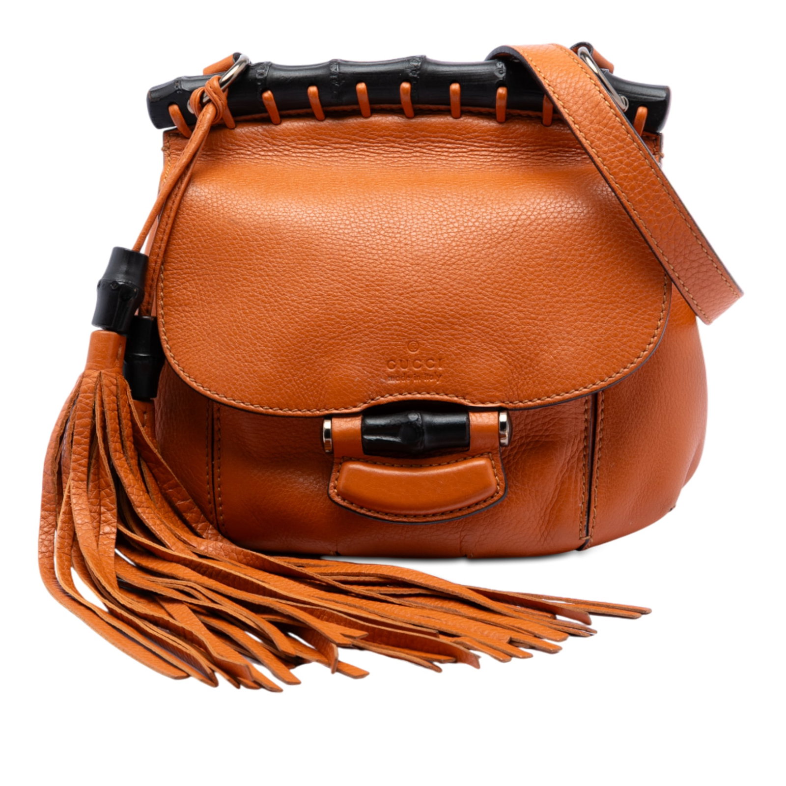 Gucci Bamboo Nouveau Fringe Small Orange Leather Crossbody Bag: Gucci Bamboo Nouveau Fringe Small Orange Leather Crossbody Bag The Gucci Small Leather Bamboo Nouveau Fringe Crossbody features an orange leather body with a flat leather strap, distinctive fringe det