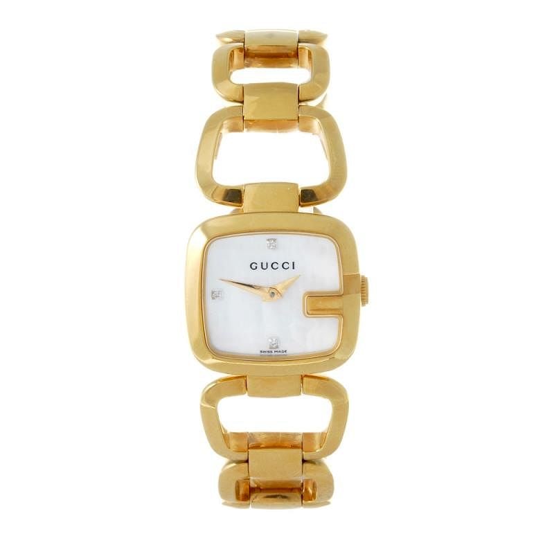 Gucci Ref 125.5 Mother of Pearl Diamond Dial Watch 23mm: Gucci Ref 125.5 Mother of Pearl Diamond Dial Watch 23mm This Gucci watch features a 23mm case crafted from stainless steel with rose gold plating. It has a mother-of-pearl diamond dial and comes with 