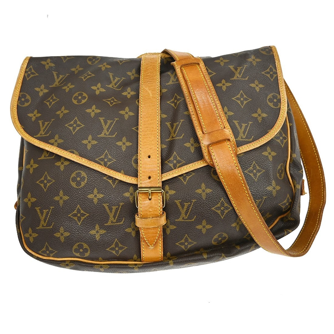 Louis Vuitton Saumur Monogram Canvas Crossbody Bag: Louis Vuitton Saumur Monogram Canvas Crossbody Bag This Louis Vuitton Saumur Handbag features the brand's iconic monogram canvas and is designed for unisex use. The bag is brown and crafted from canva