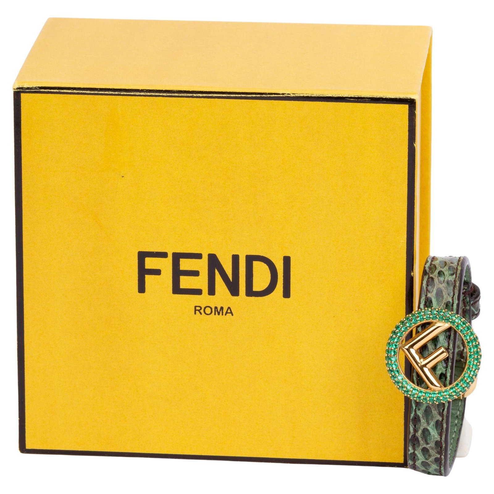 Fendi Green Snake Pattern Bracelet with Original Box: Fendi Green Snake Pattern Bracelet with Original Box This stunning Fendi bracelet features a unique snake skin pattern in a vibrant green color. Crafted from base metal with a soft leather band, it sh