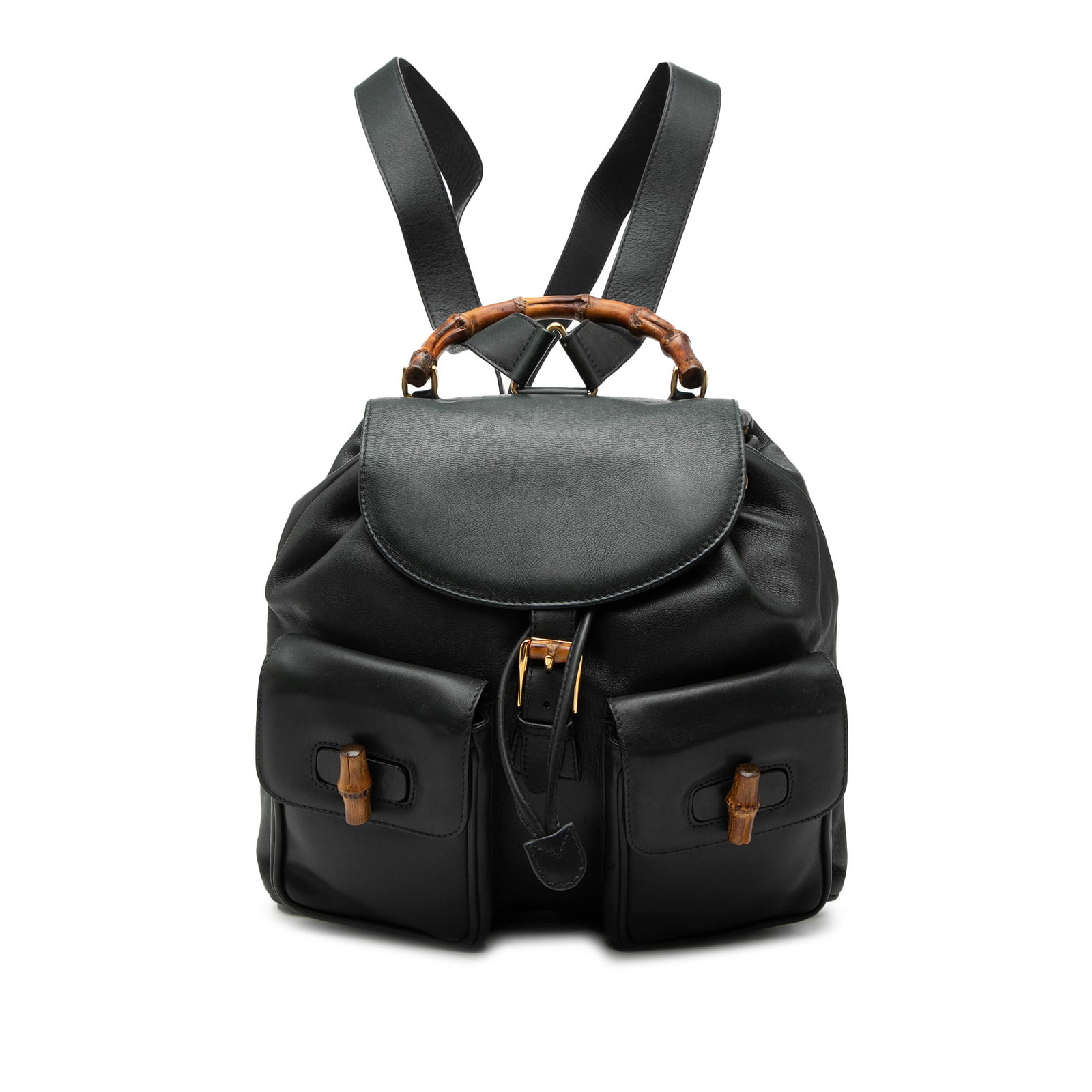 Black Leather Bamboo Handle Drawstring Backpack by Gucci: Black Leather Bamboo Handle Drawstring Backpack by Gucci This black backpack is crafted from leather and features adjustable flat back straps, a bamboo top handle, a top flap with buckle closure, draw