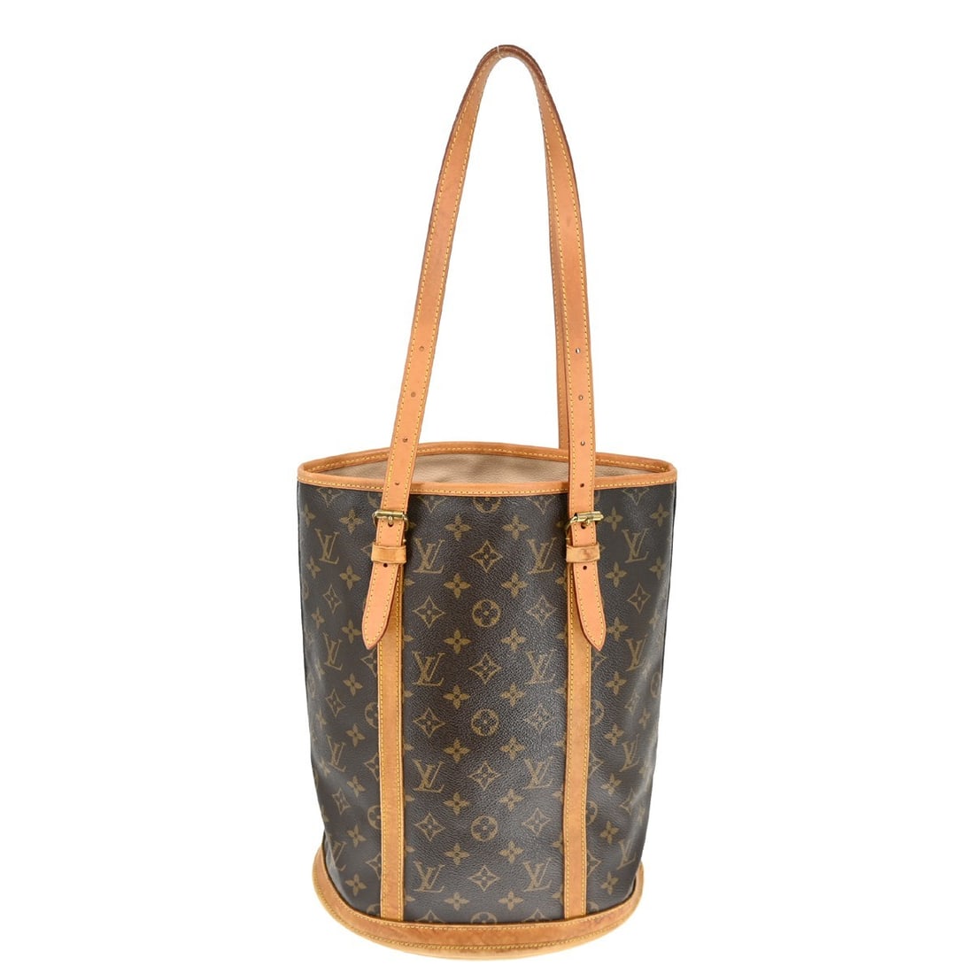 Louis Vuitton Petite Bucket Monogram Canvas Tote Bag: Louis Vuitton Petite Bucket Monogram Canvas Tote Bag This vintage Louis Vuitton Monogram Bucket GM Tote Bag features the iconic monogram canvas exterior with brown leather shoulder straps and an open 