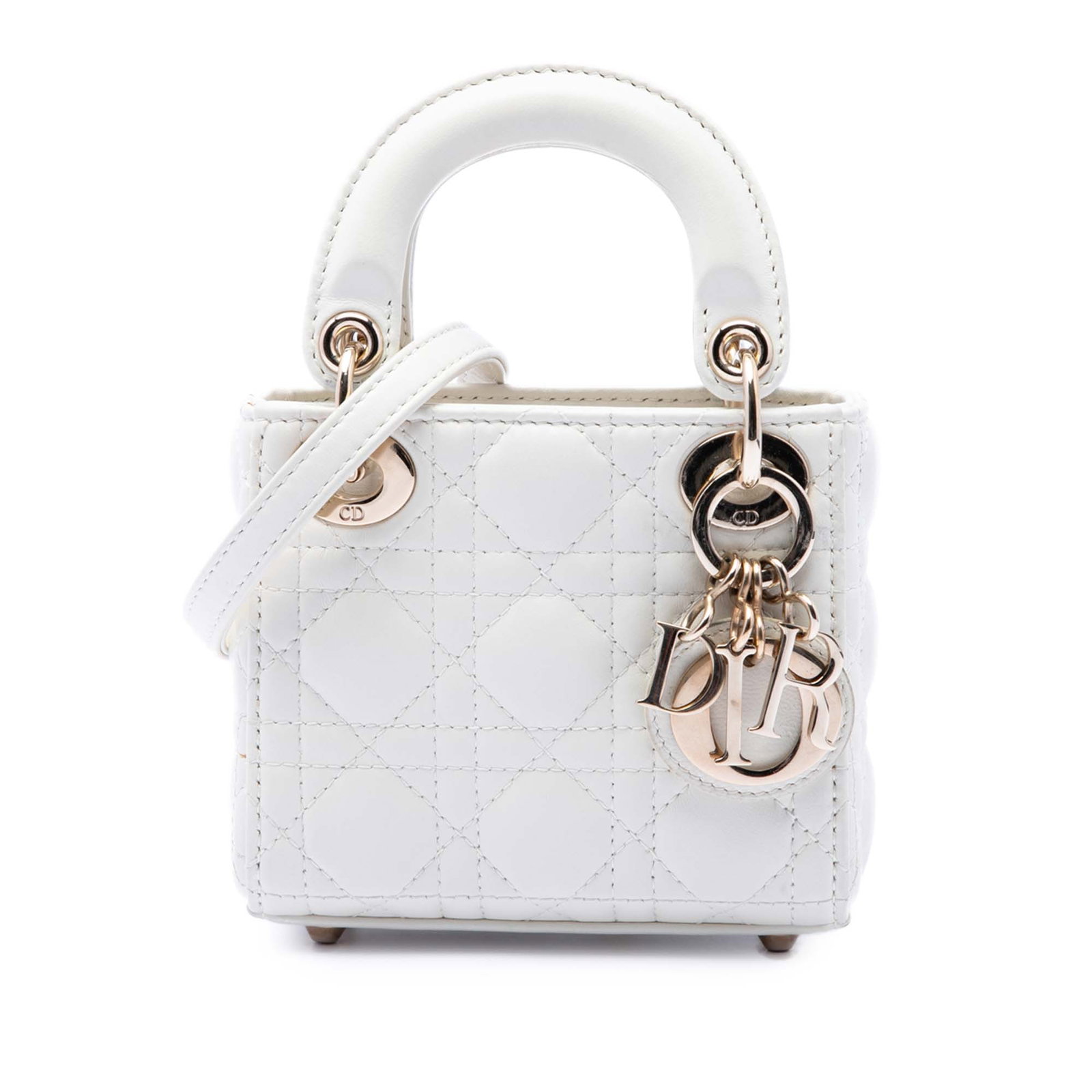 Dior Micro Lady Dior Lambskin Cannage White Bag: Dior Micro Lady Dior Lambskin Cannage White Bag This Micro Lady Dior bag is crafted from quilted lambskin leather in white and features flat leather top handles, a detachable flat leather shoulder str