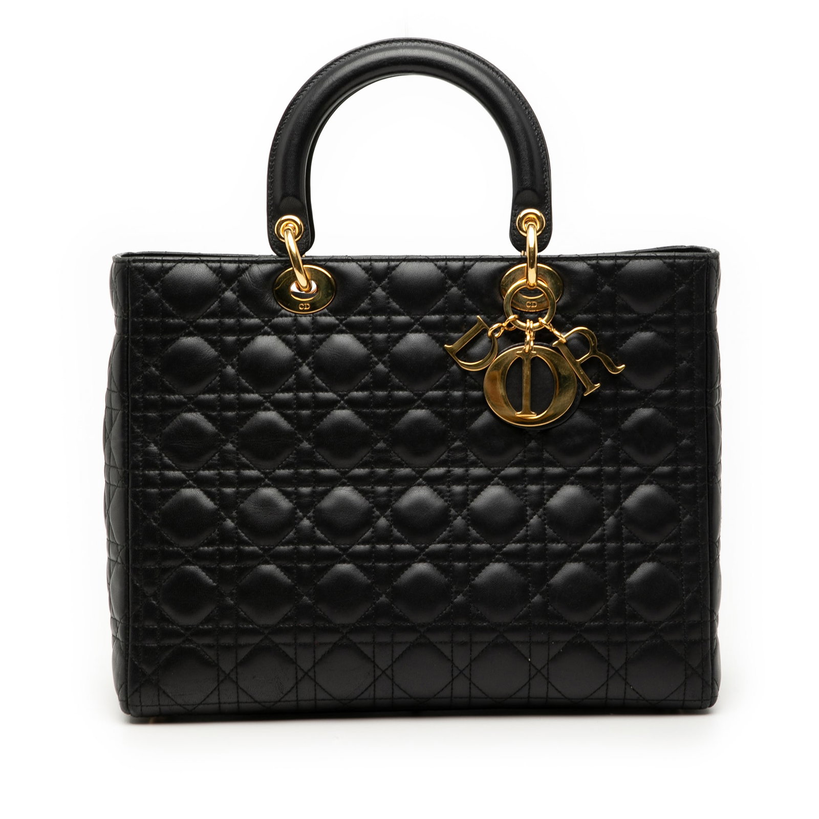 Dior Lady Dior Large Black Quilted Lambskin Handbag with Top Handles: Dior Lady Dior Large Black Quilted Lambskin Handbag with Top Handles This Lady Dior handbag features a quilted lambskin leather exterior in black, flat top handles, a top zip closure, and an interior 