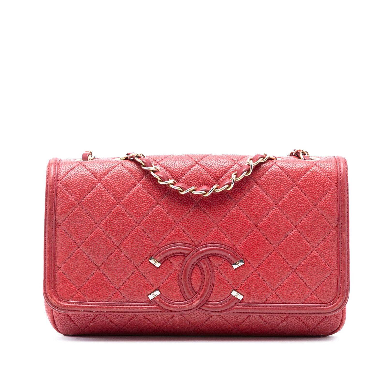 Chanel CC Filigree Medium Red Quilted Caviar Leather Flap Shoulder Bag: Chanel CC Filigree Medium Red Quilted Caviar Leather Flap Shoulder Bag This Chanel Medium Quilted Caviar CC Filigree Flap features a quilted caviar leather body in red, a leather-woven chain shoulder 