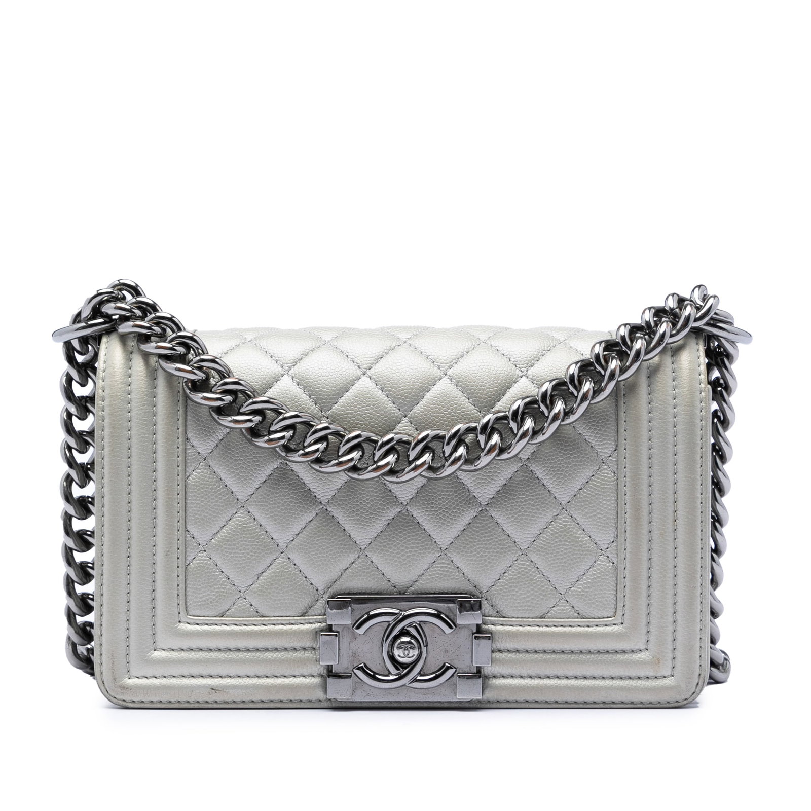 Chanel Metallic Caviar Boy Flap Crossbody Bag Silver: Chanel Metallic Caviar Boy Flap Crossbody Bag Silver This Chanel Small Quilted Metallic Caviar Boy Flap bag is crafted from quilted caviar leather in a striking silver tone. It features a curb chain s