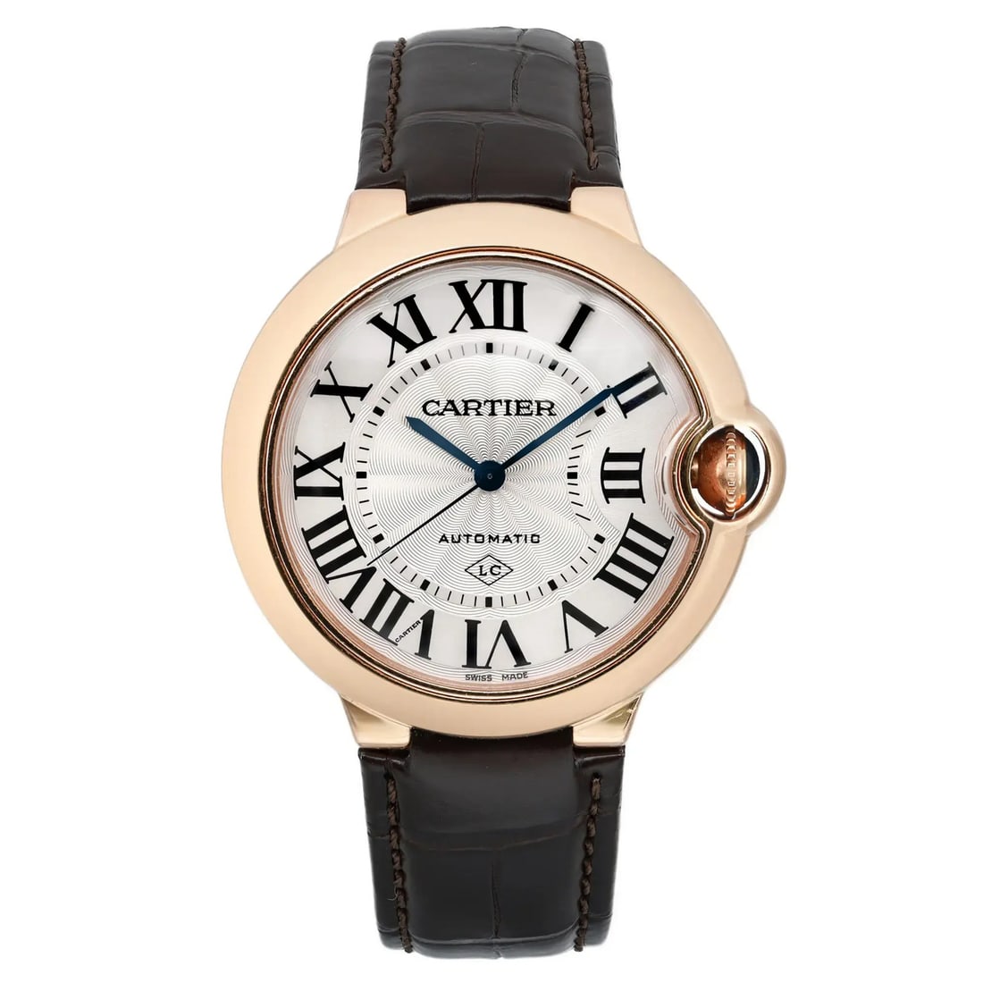 Cartier Ballon Bleu 36mm 18K Rose Gold Silver Dial Men's Watch: Cartier Ballon Bleu 36mm 18K Rose Gold Silver Dial Men's Watch This Cartier Ballon Bleu de Cartier wristwatch features a stunning 36mm round case crafted from 18K rose gold, accentuated by a smooth pi